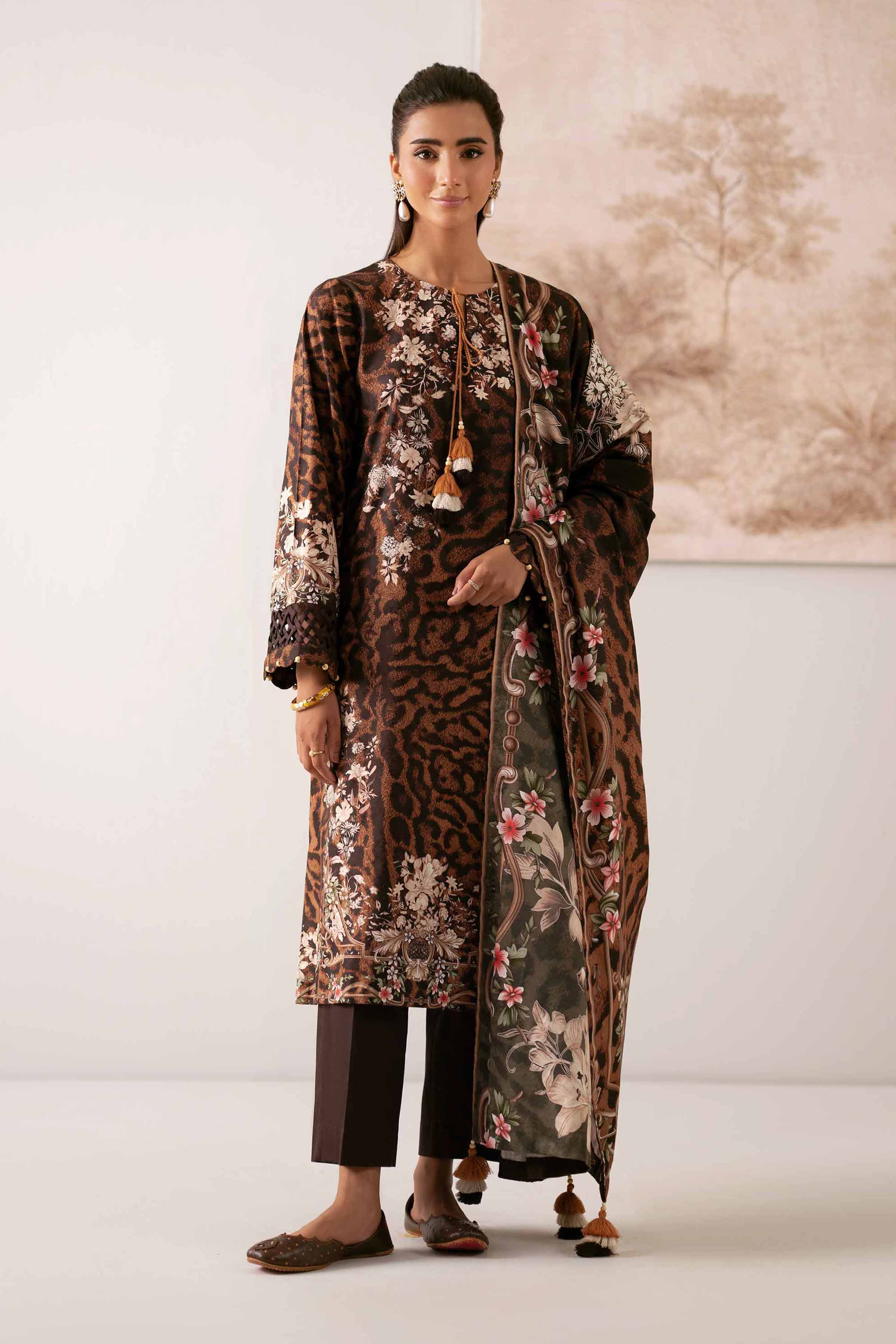 NISHATUAE - Brown Printed Jacquard 3-piece Unstitched Suit