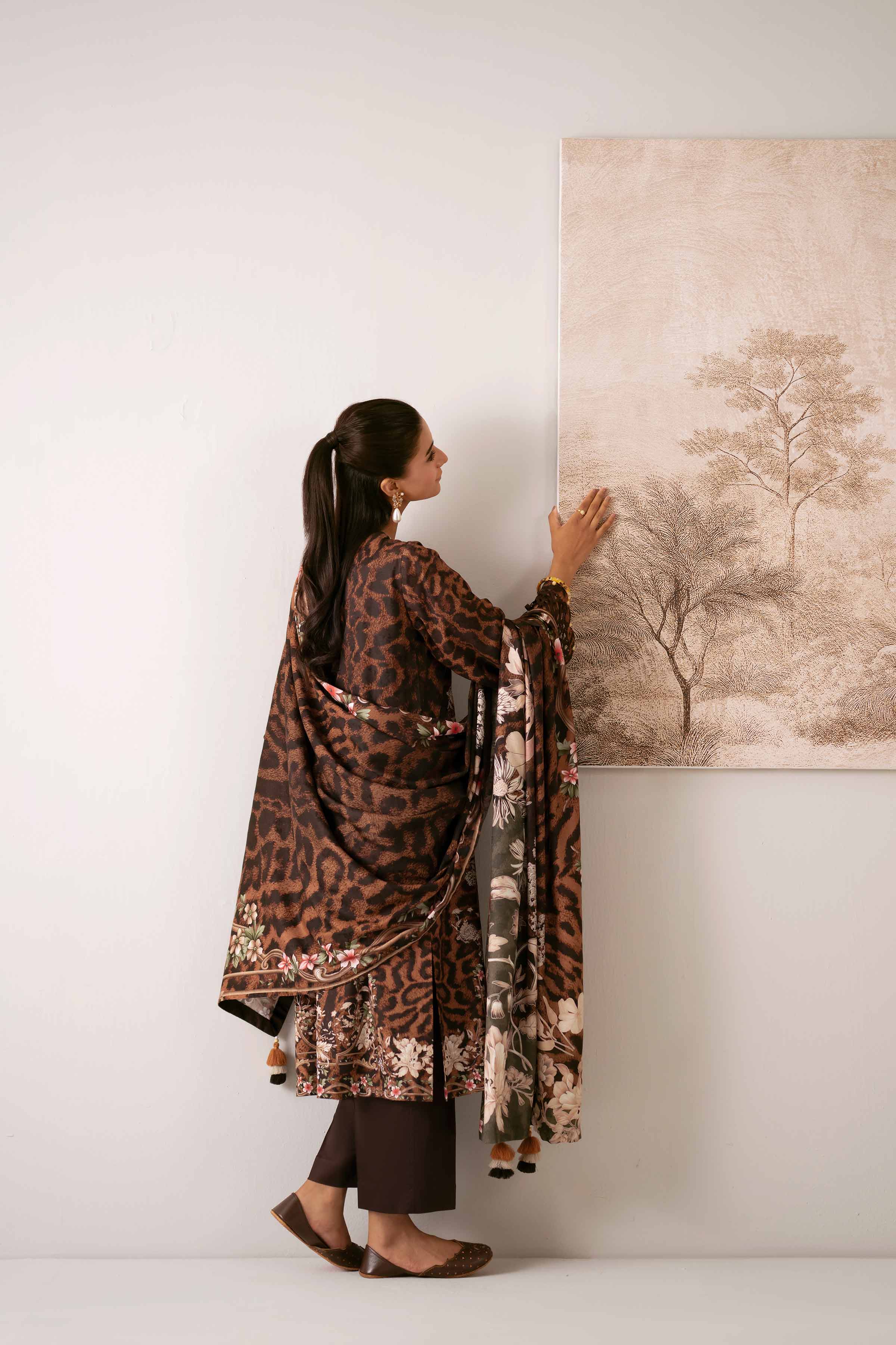 NISHATUAE - Brown Printed Jacquard 3-piece Unstitched Suit