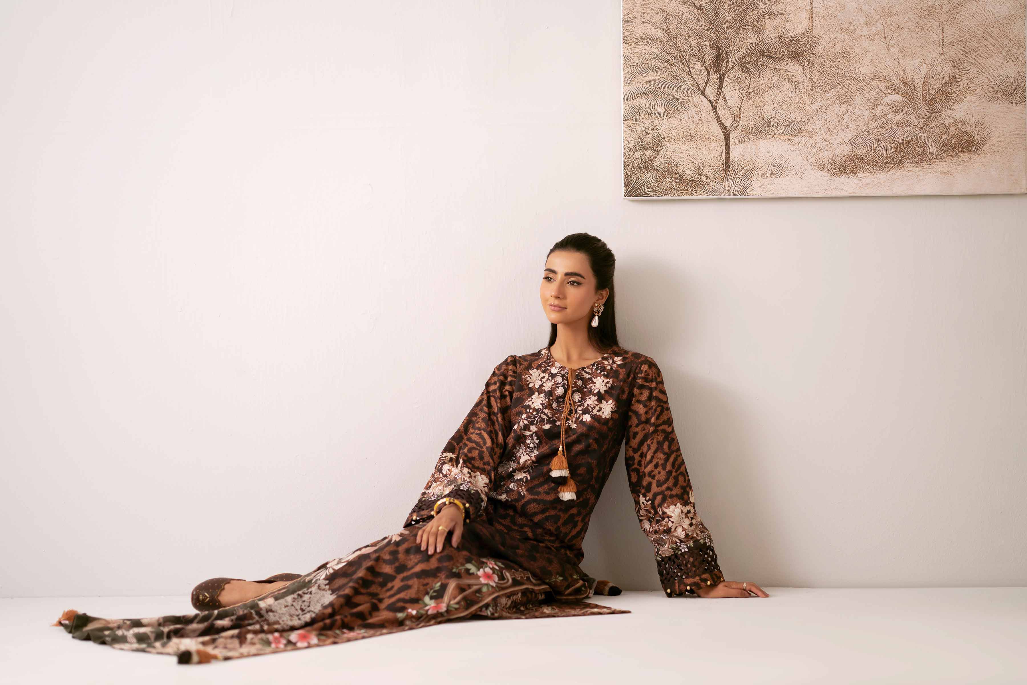 NISHATUAE - Brown Printed Jacquard 3-piece Unstitched Suit