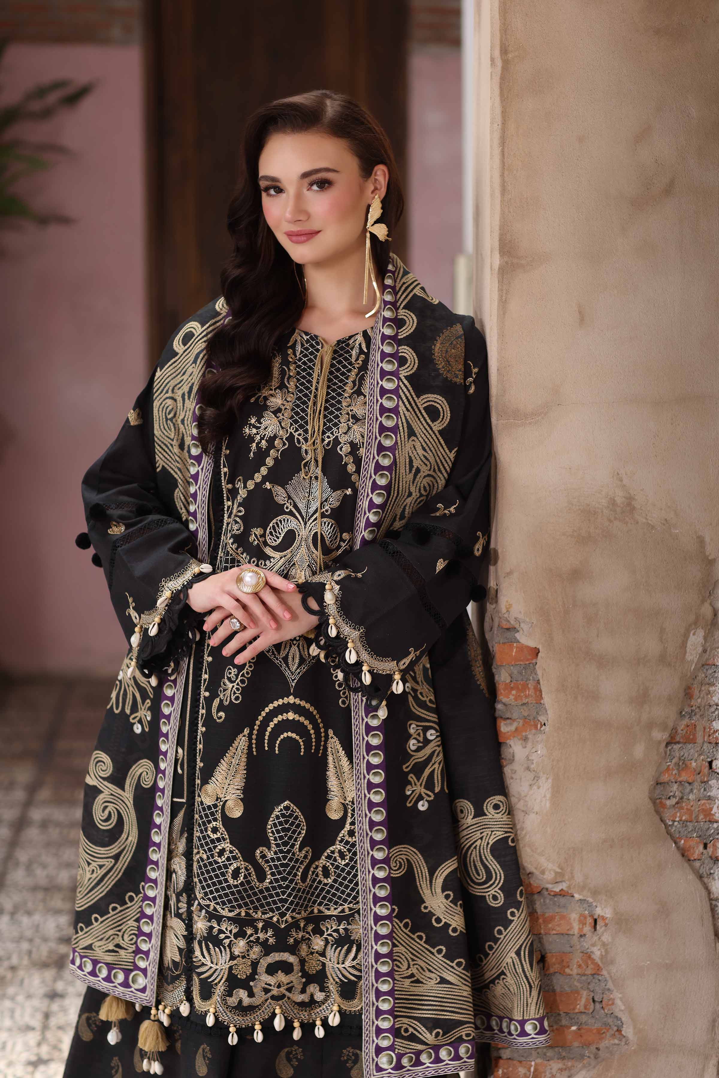 NISHATUAE - Black Embroidered Khaddar 3-piece Unstitched Suit