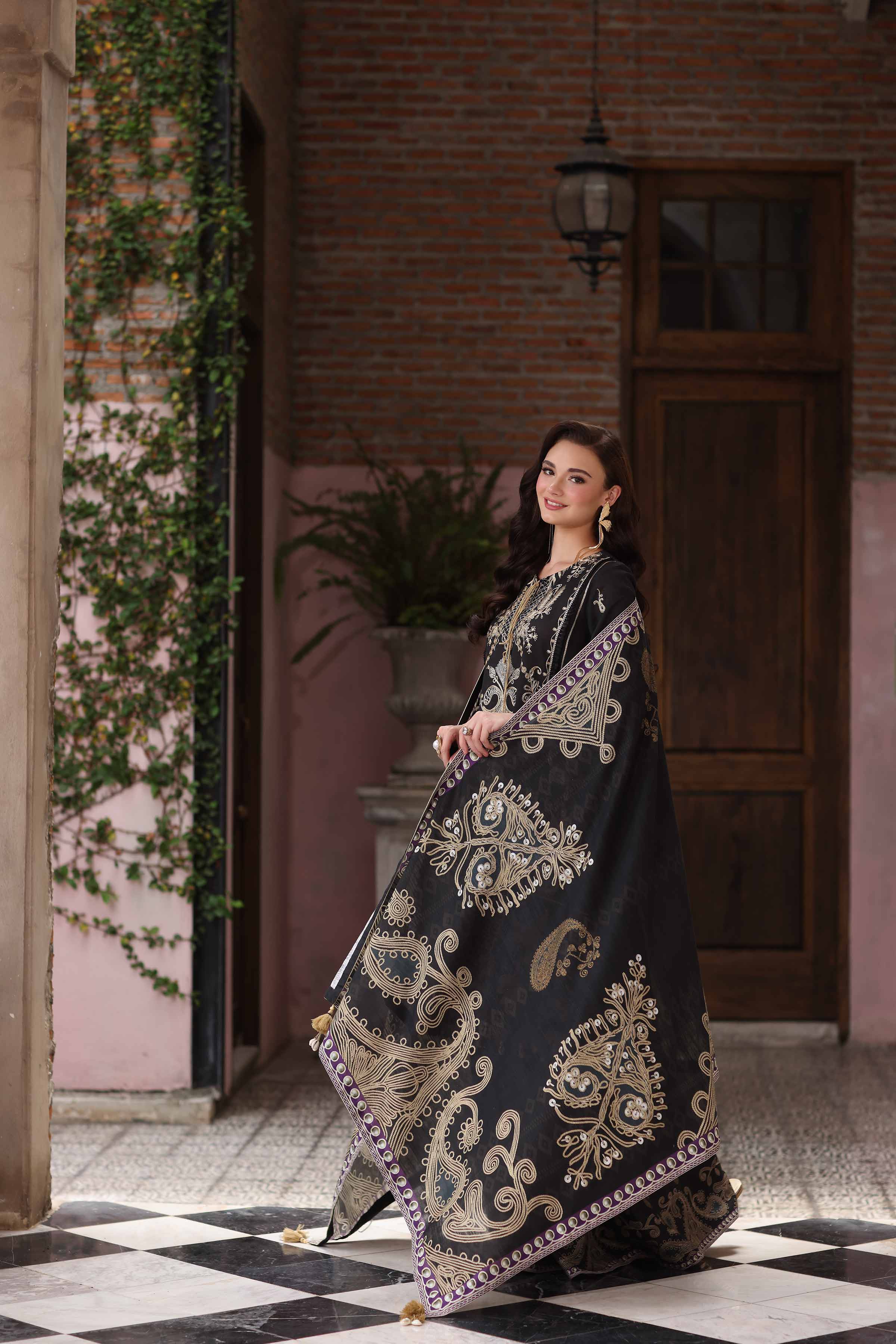 NISHATUAE - Black Embroidered Khaddar 3-piece Unstitched Suit