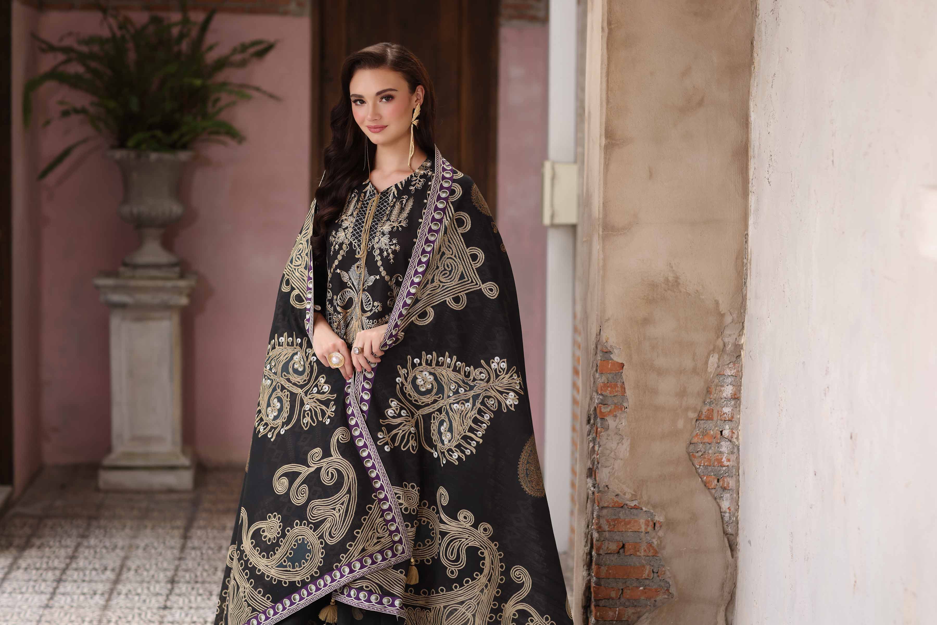 NISHATUAE - Black Embroidered Khaddar 3-piece Unstitched Suit