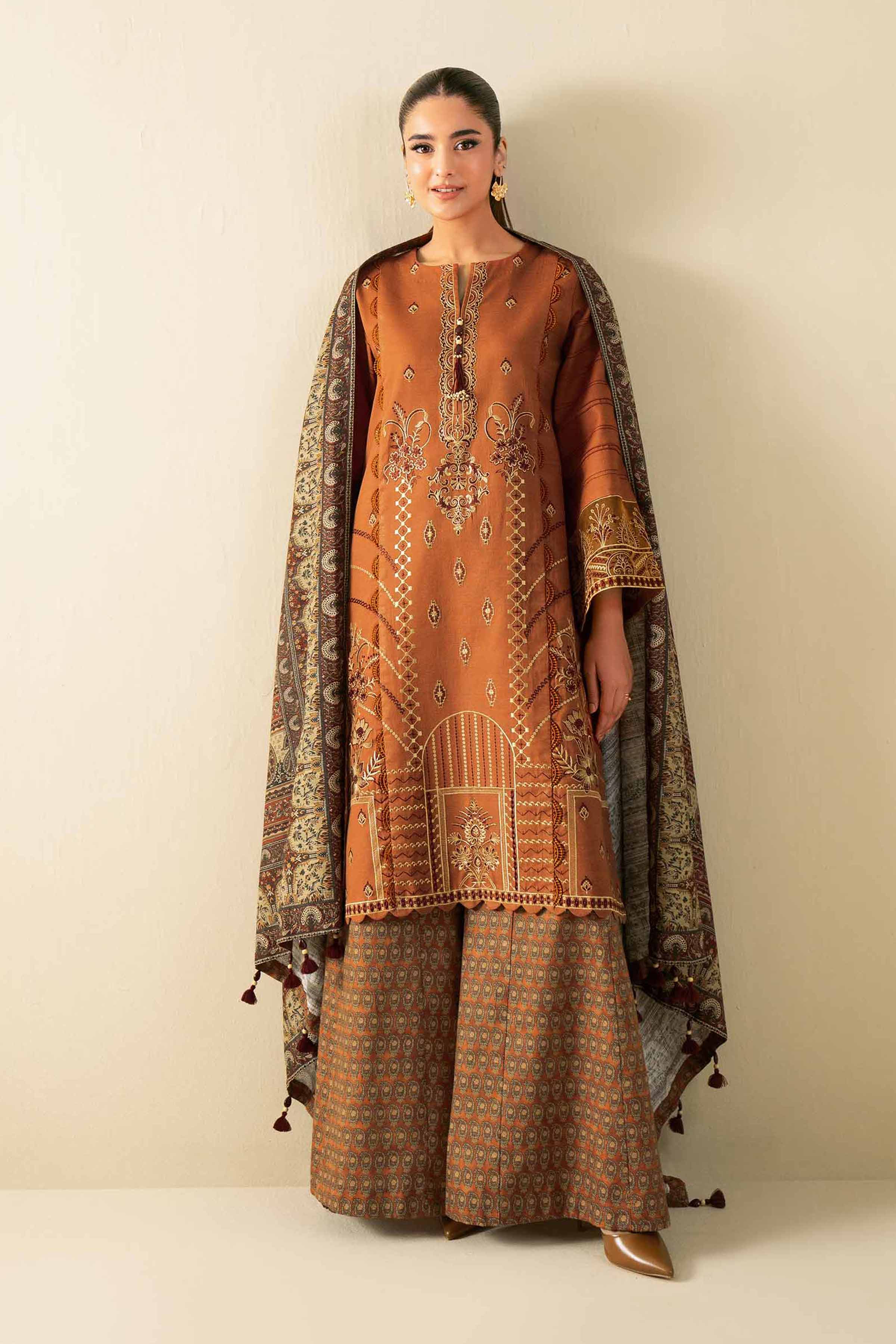 NISHATUAE - Rust Embroidered Khaddar 3-piece Unstitched Suit