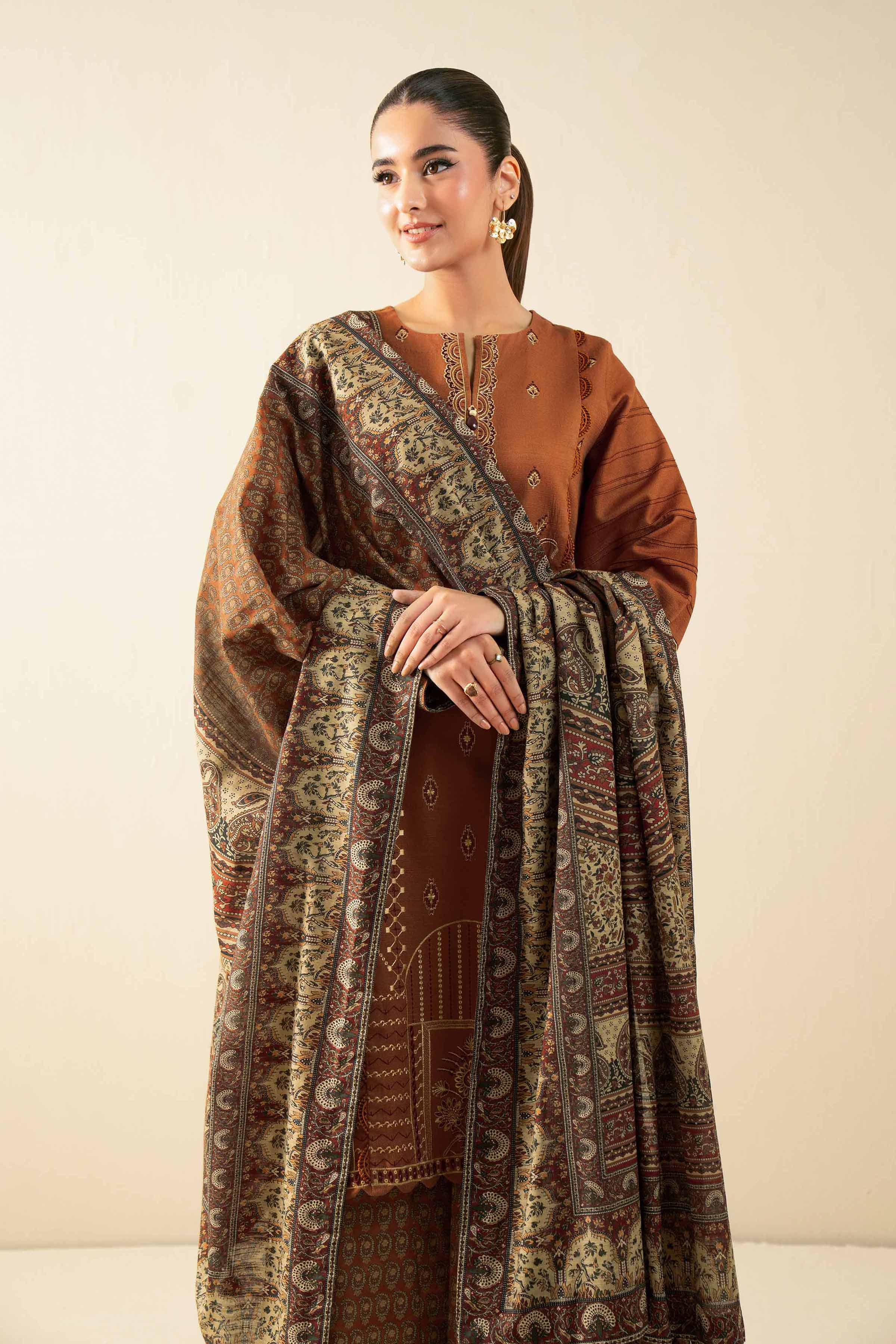 NISHATUAE - Rust Embroidered Khaddar 3-piece Unstitched Suit