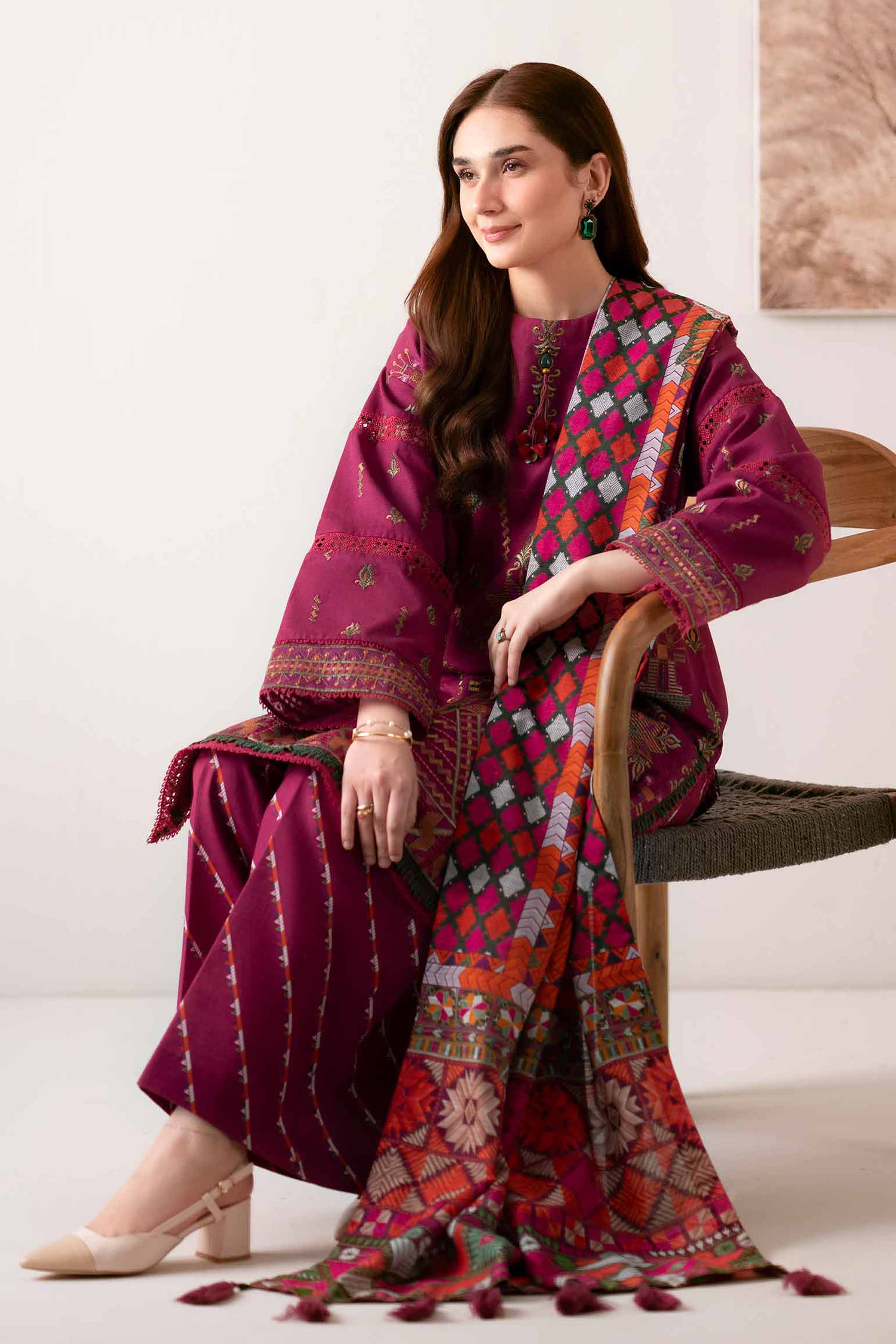 NISHATUAE - Magenta Embroidered Khaddar 3-piece Unstitched Suit
