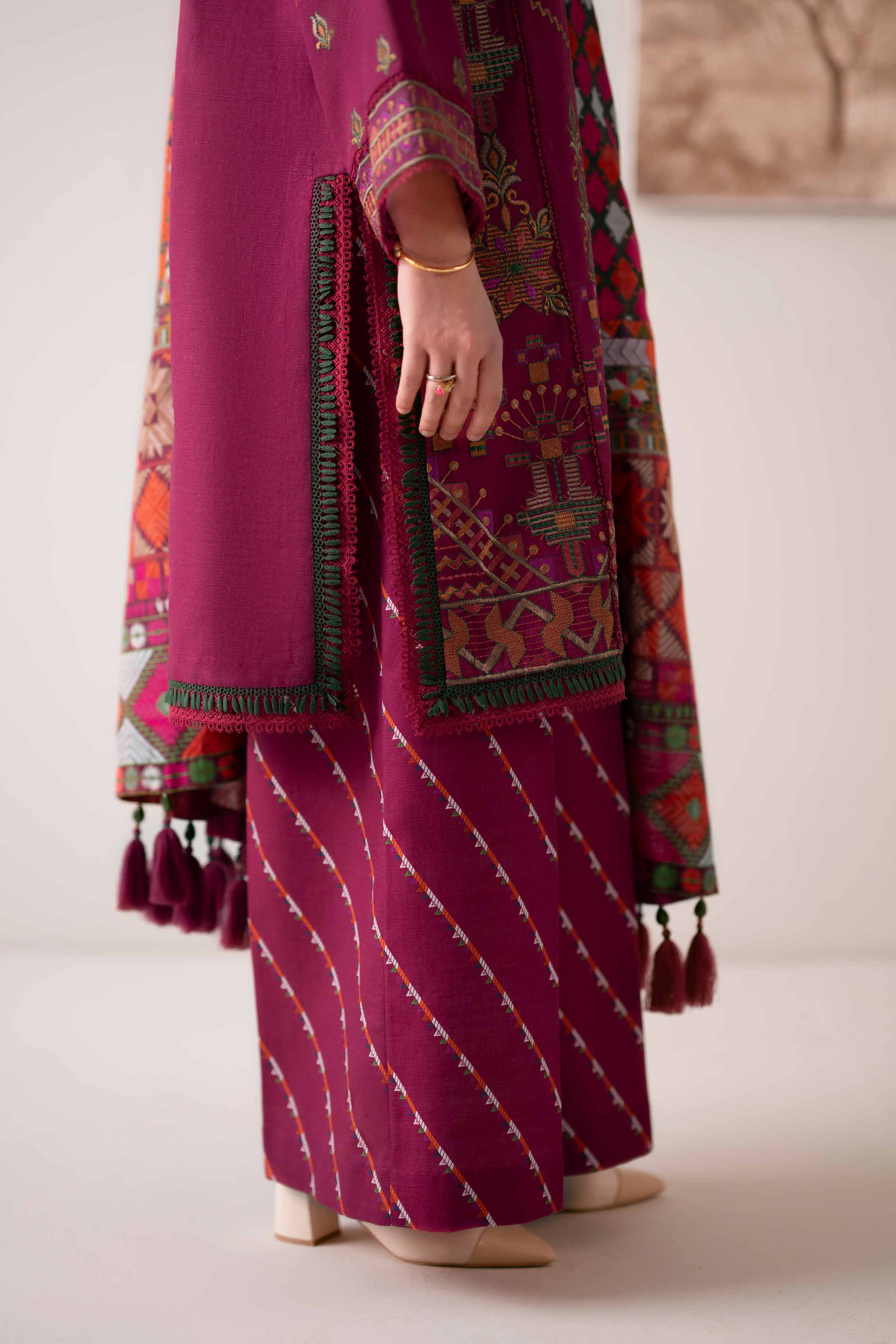 NISHATUAE - Magenta Embroidered Khaddar 3-piece Unstitched Suit