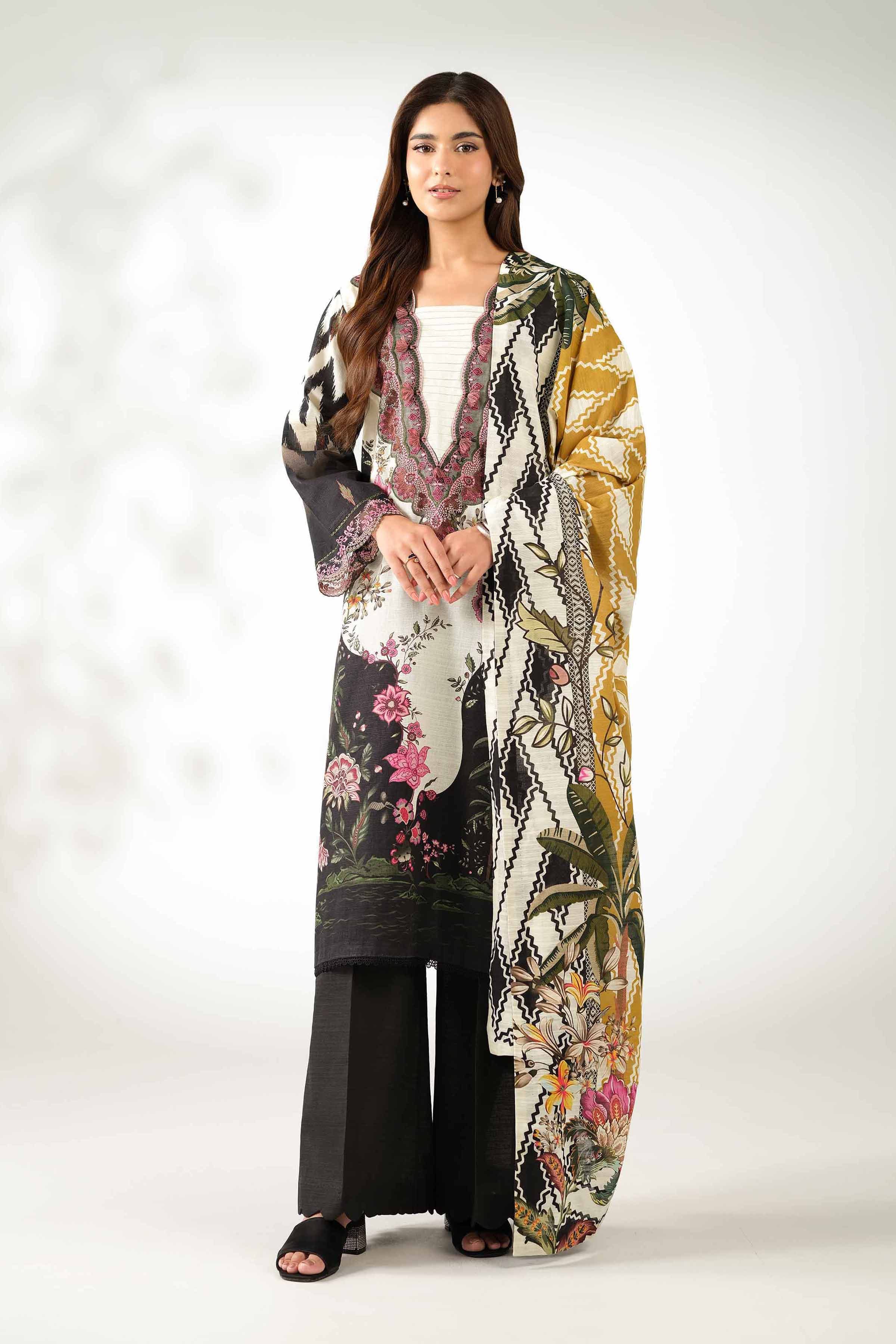 NISHATUAE - Black Embroidered Khaddar 3-piece Unstitched Suit