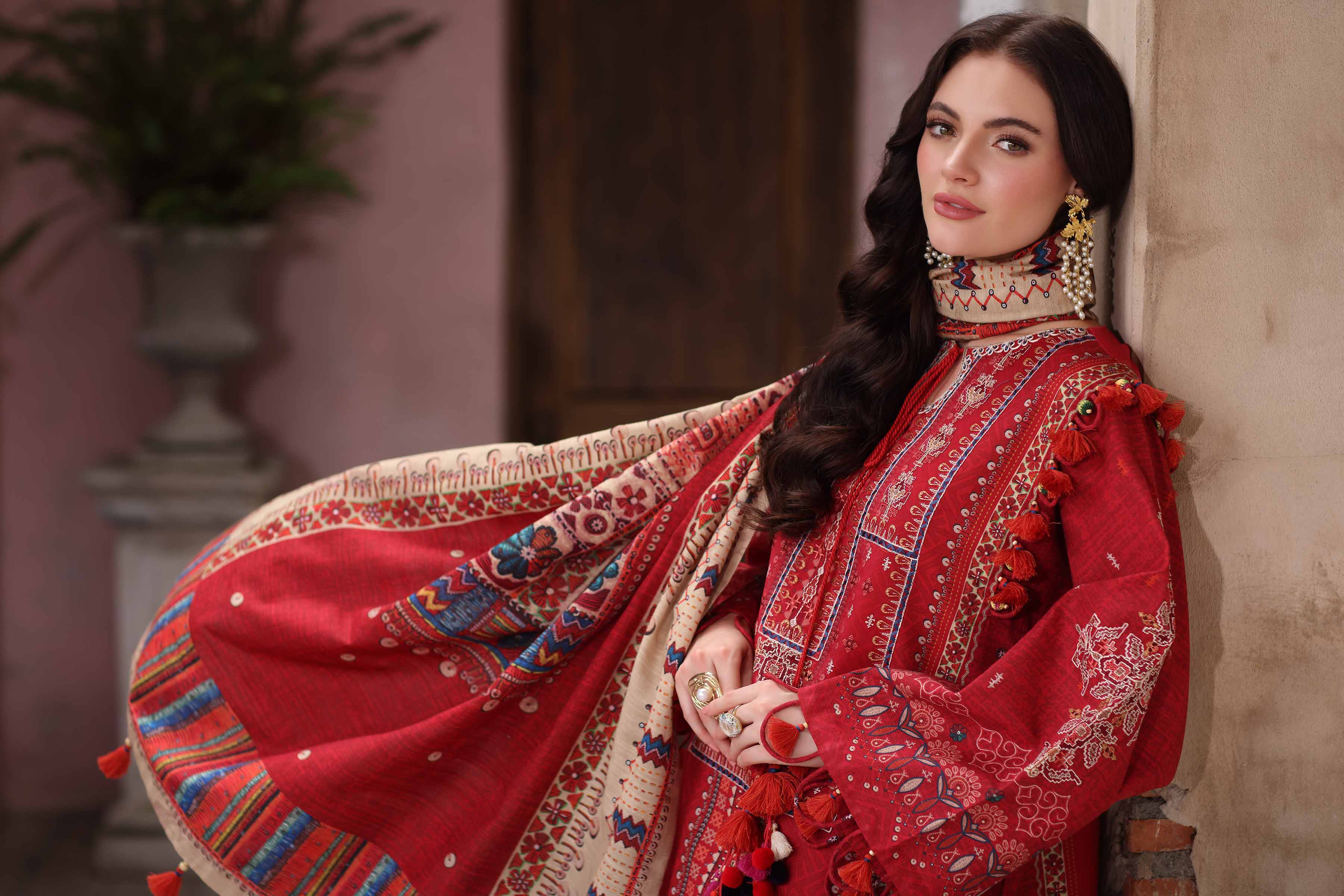 NISHATUAE - Red Embroidered Khaddar 3-piece Unstitched Suit