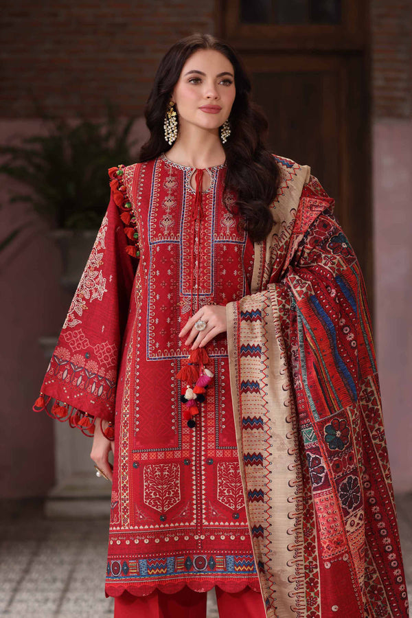 NISHATUAE - Red Embroidered Khaddar 3-piece Unstitched Suit