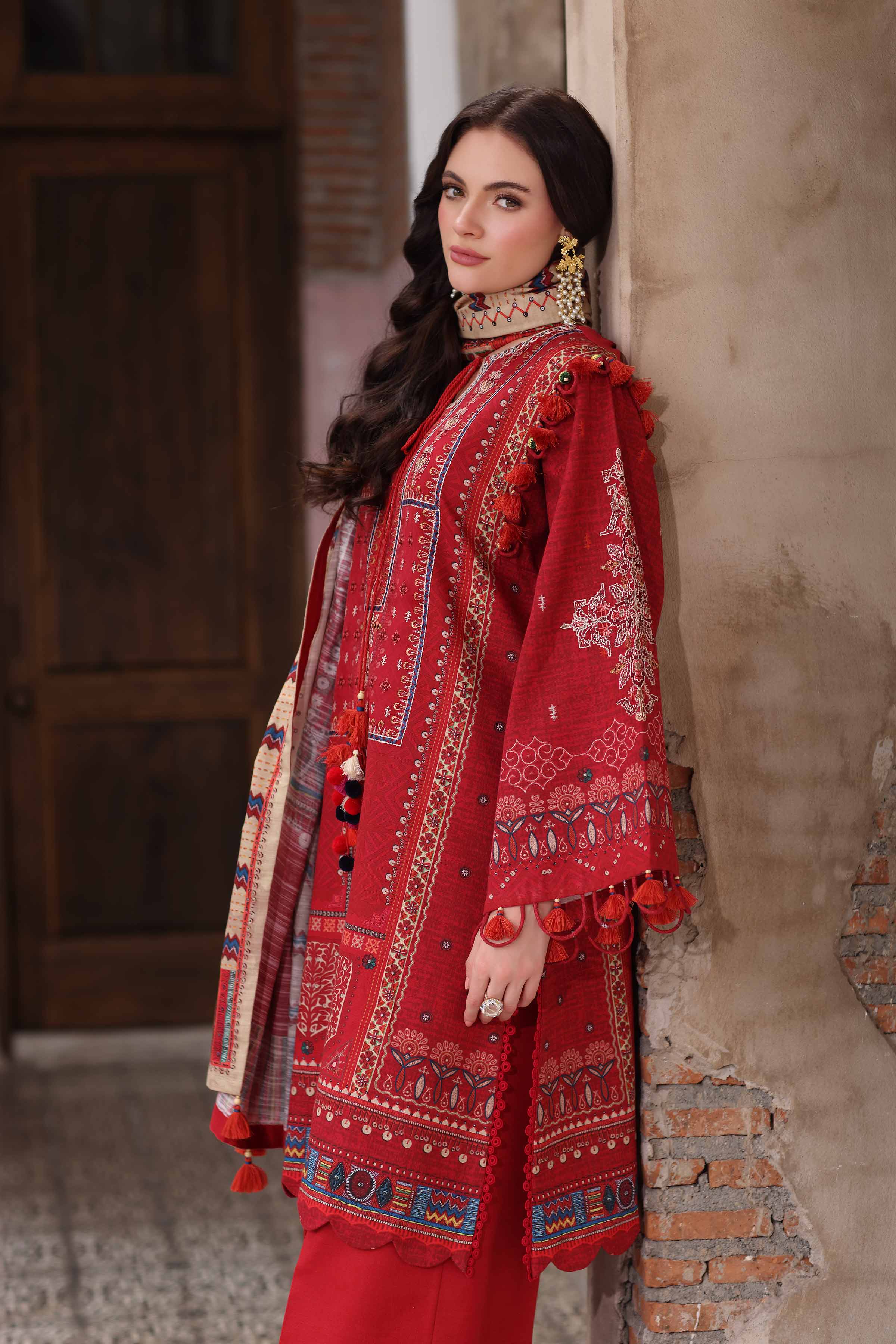 NISHATUAE - Red Embroidered Khaddar 3-piece Unstitched Suit