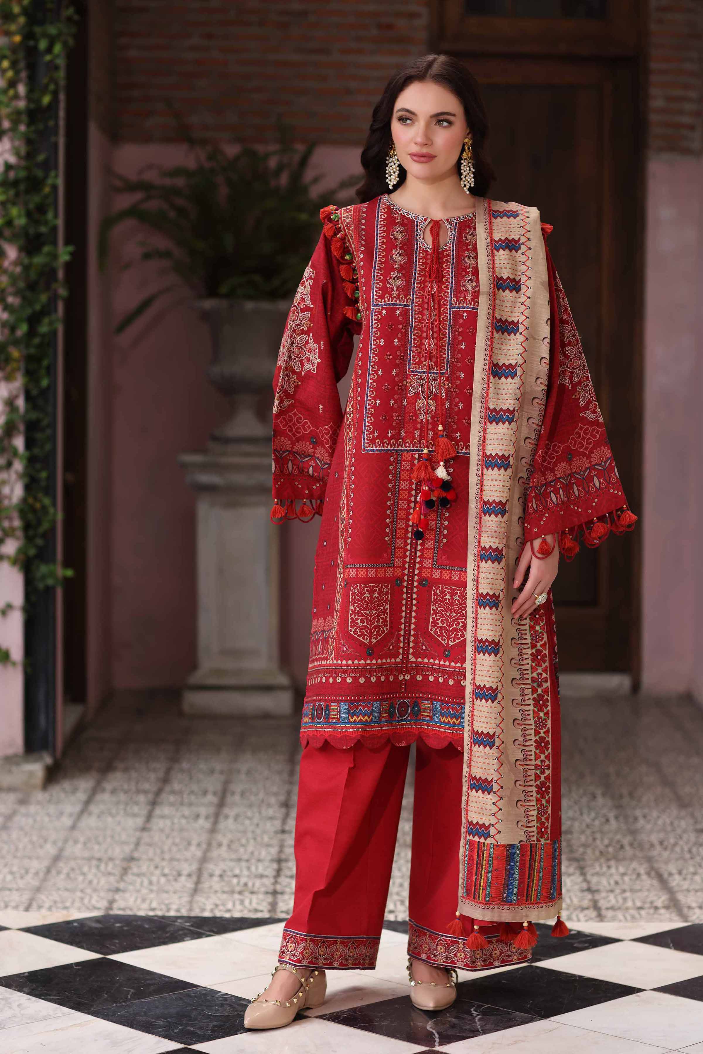 NISHATUAE - Red Embroidered Khaddar 3-piece Unstitched Suit