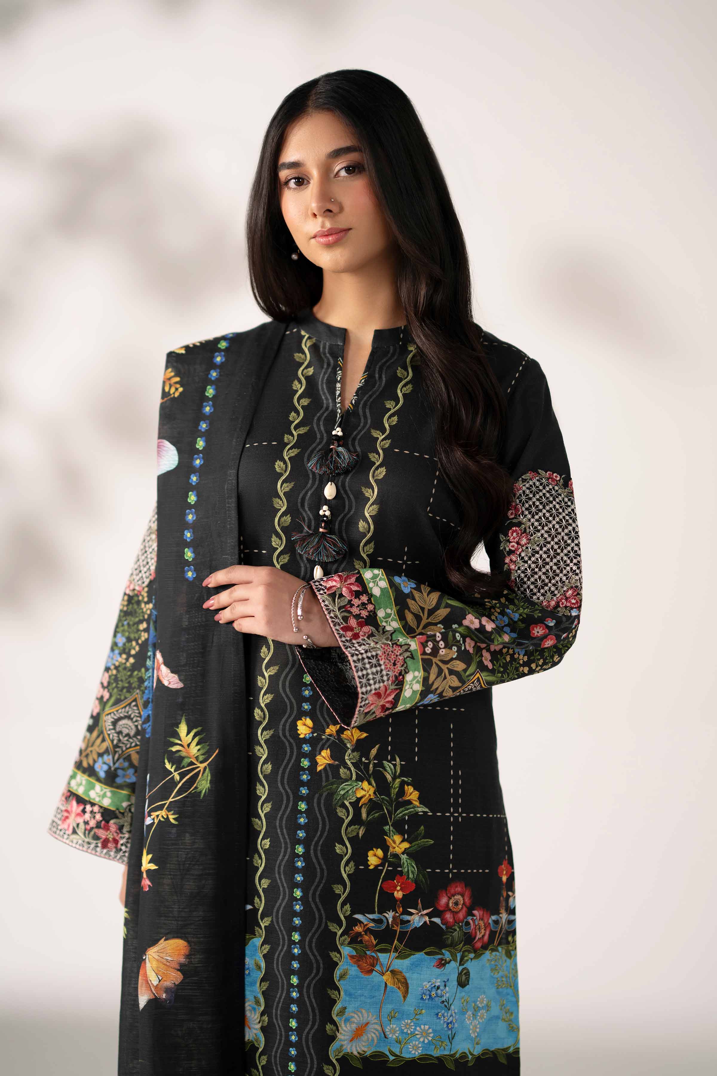 NISHATUAE - Black Embroidered Khaddar 3-piece Unstitched Suit