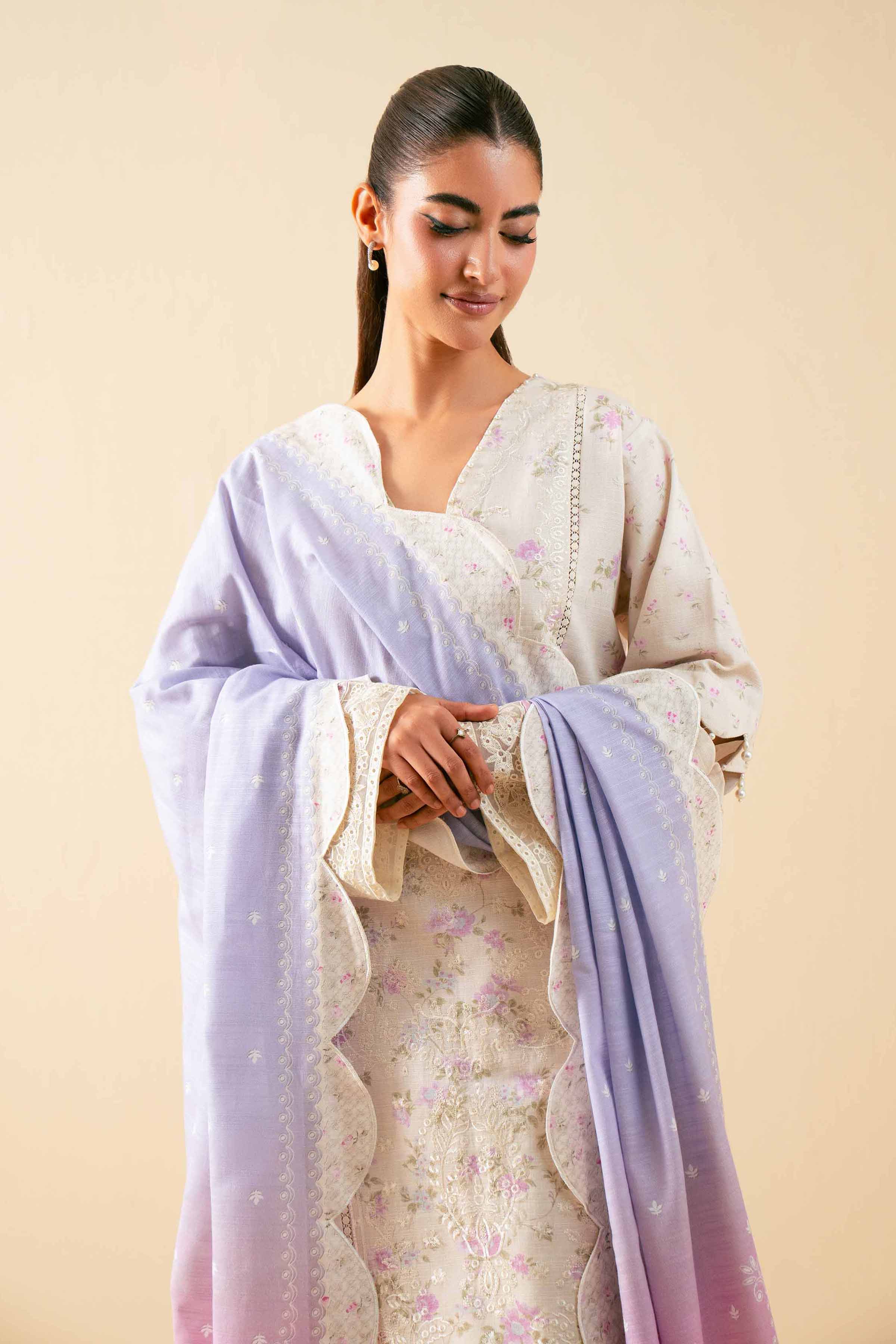 NISHATUAE - Off White Embroidered Khaddar 3-piece Unstitched Suit