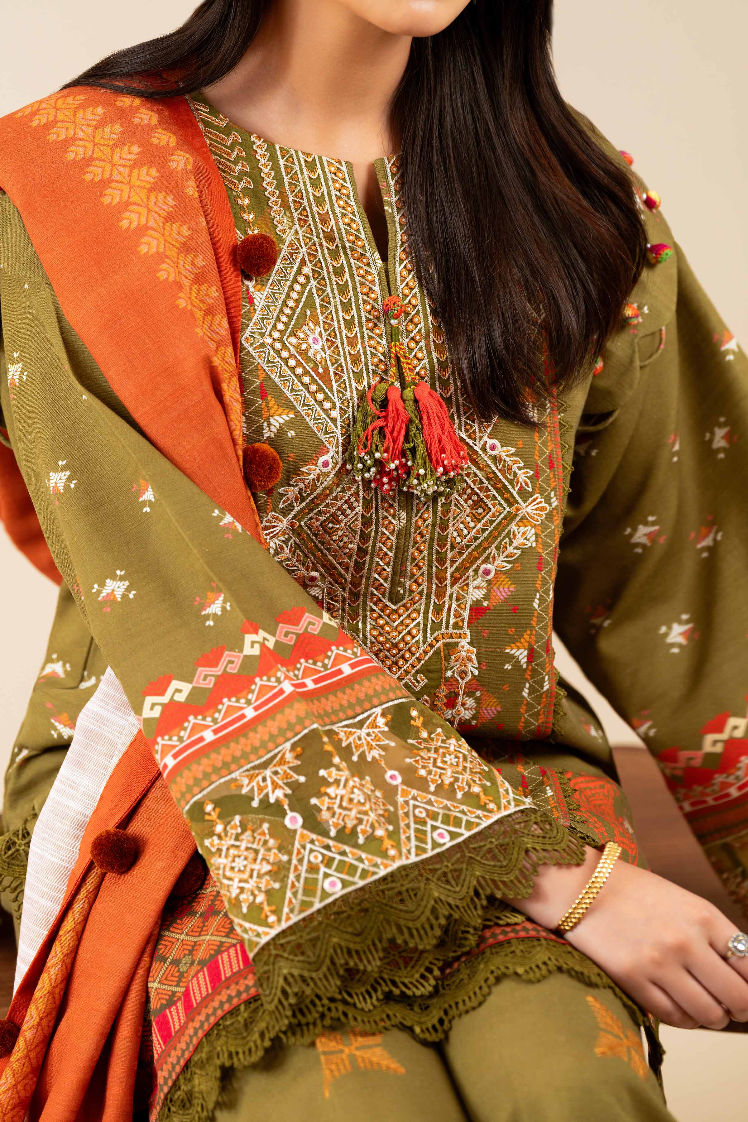NISHATUAE - Olive Embroidered Khaddar 3-piece Unstitched Suit