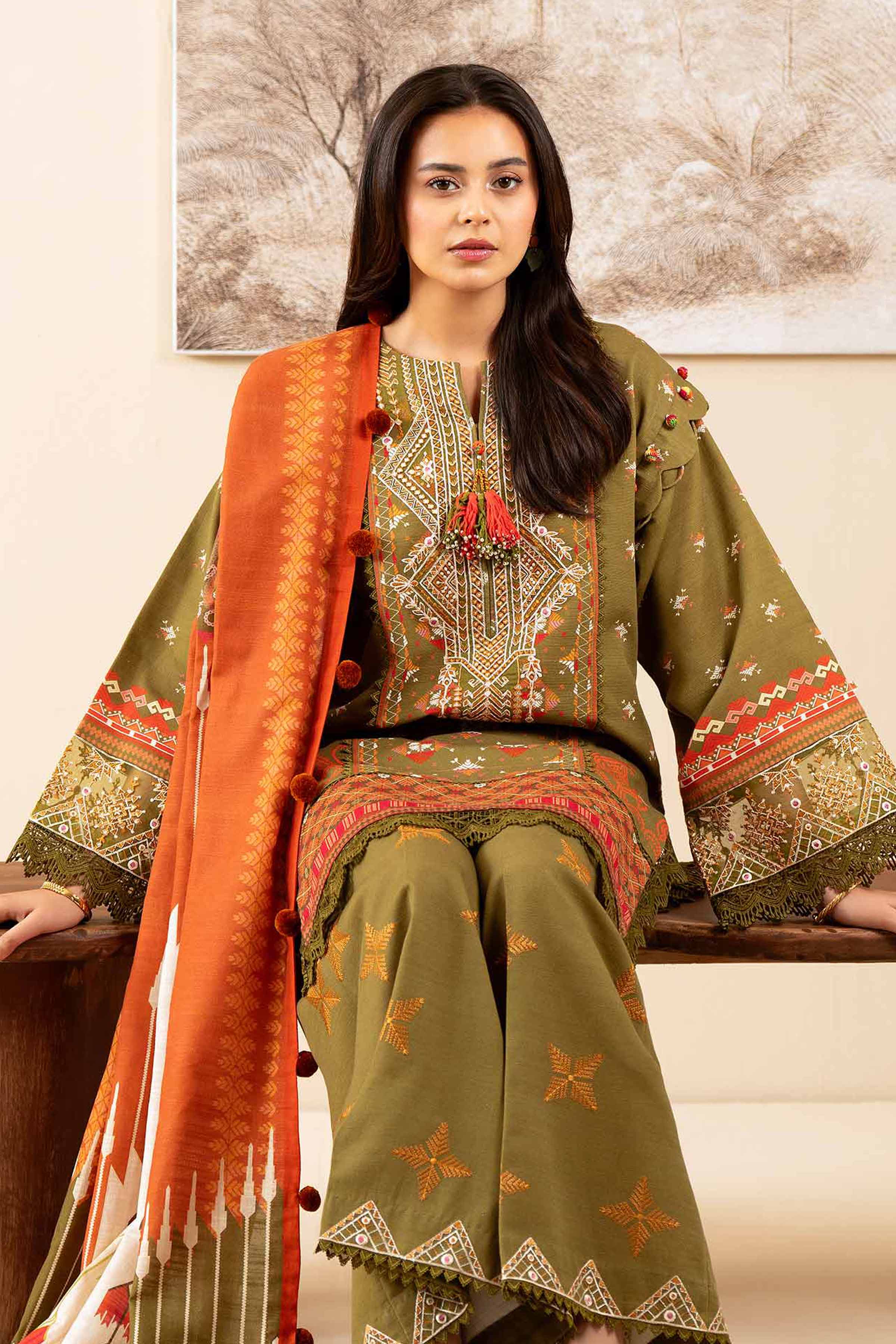 NISHATUAE - Olive Embroidered Khaddar 3-piece Unstitched Suit