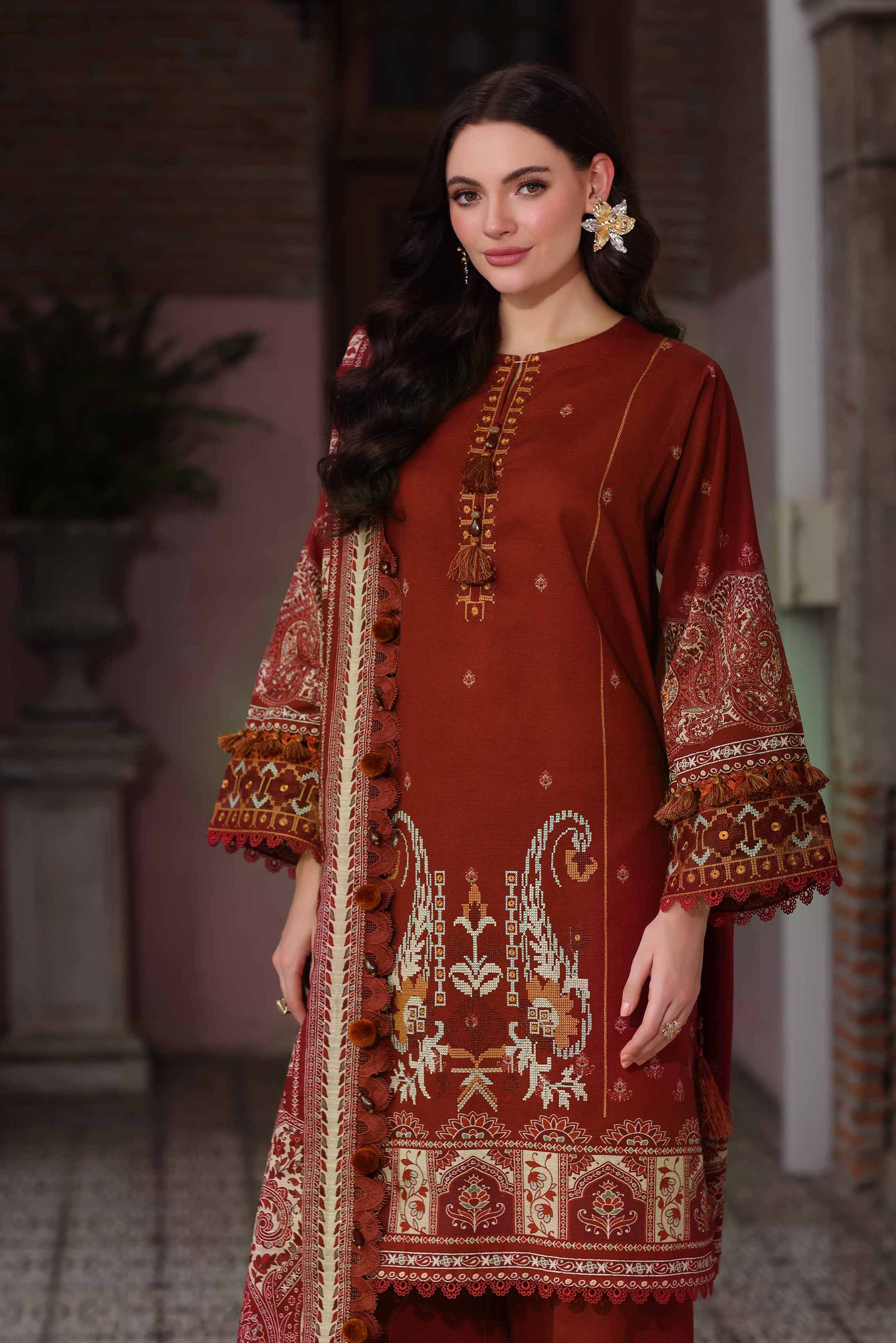 NISHATUAE - Maroon Embroidered Khaddar 3-piece Unstitched Suit