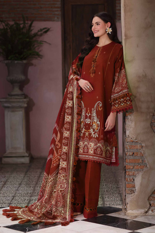 NISHATUAE - Maroon Embroidered Khaddar 3-piece Unstitched Suit