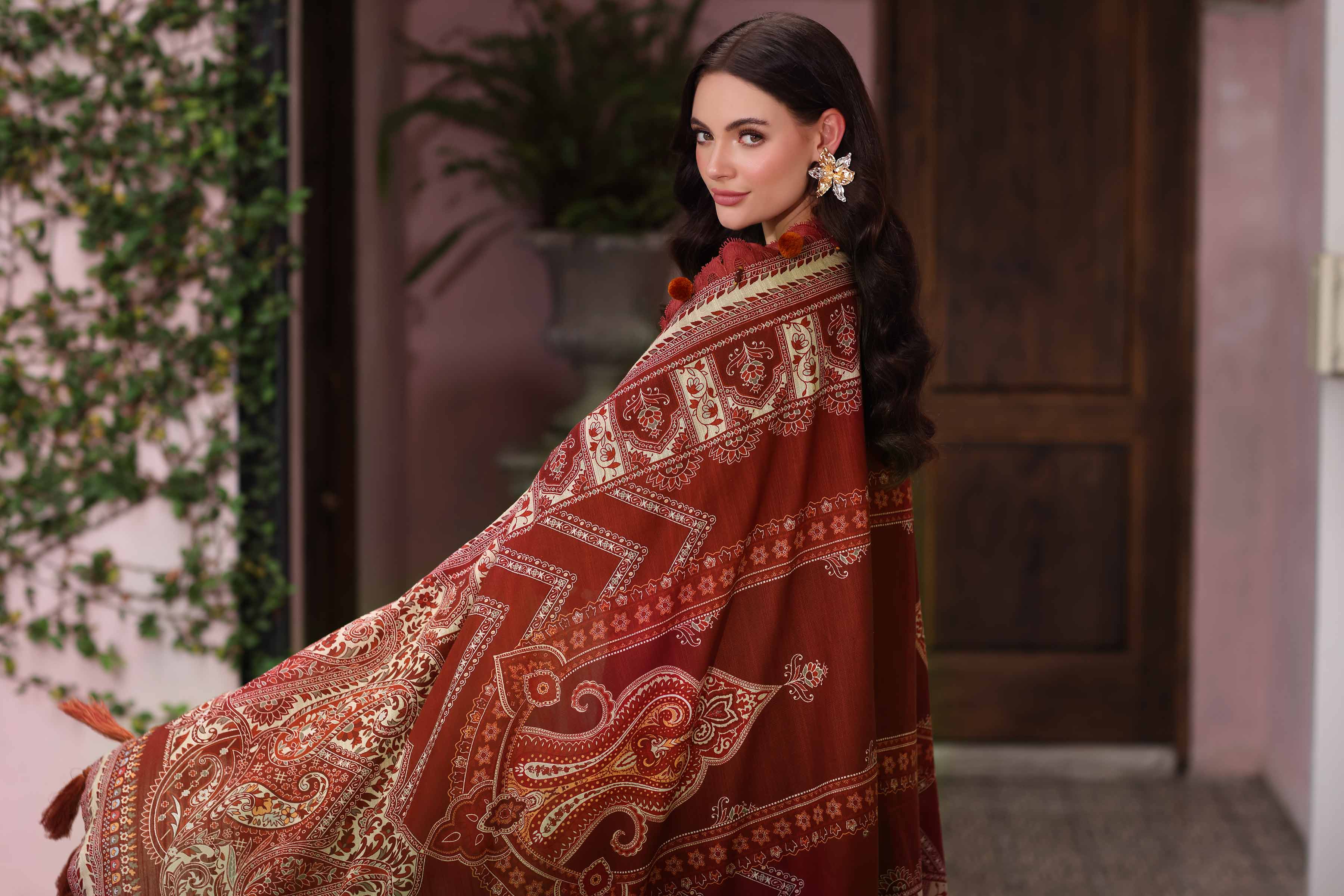 NISHATUAE - Maroon Embroidered Khaddar 3-piece Unstitched Suit