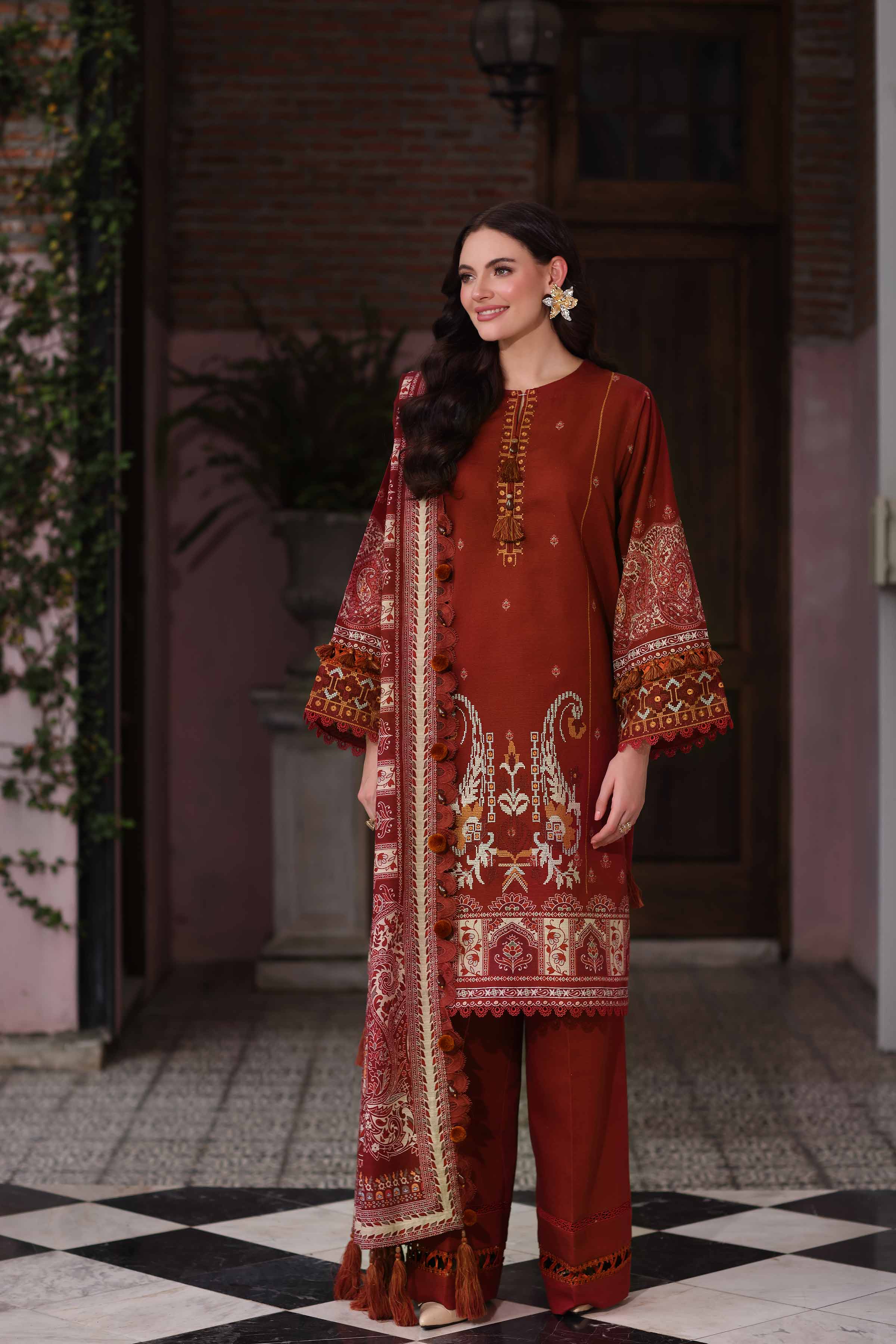 NISHATUAE - Maroon Embroidered Khaddar 3-piece Unstitched Suit