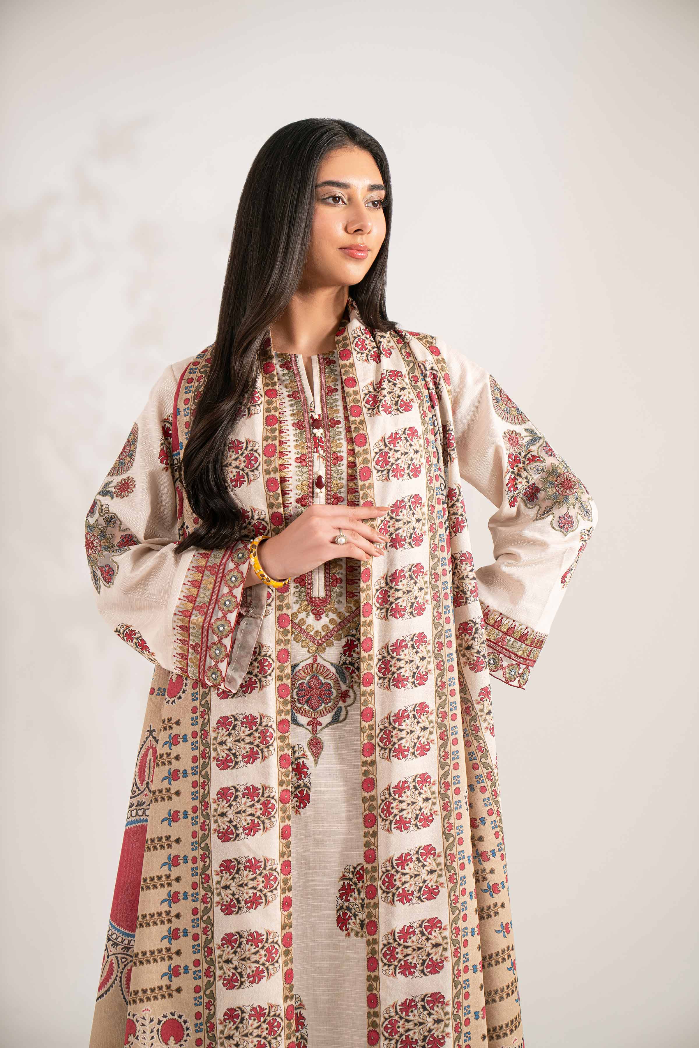 NISHATUAE - Beige Embroidered Khaddar 3-piece Unstitched Suit