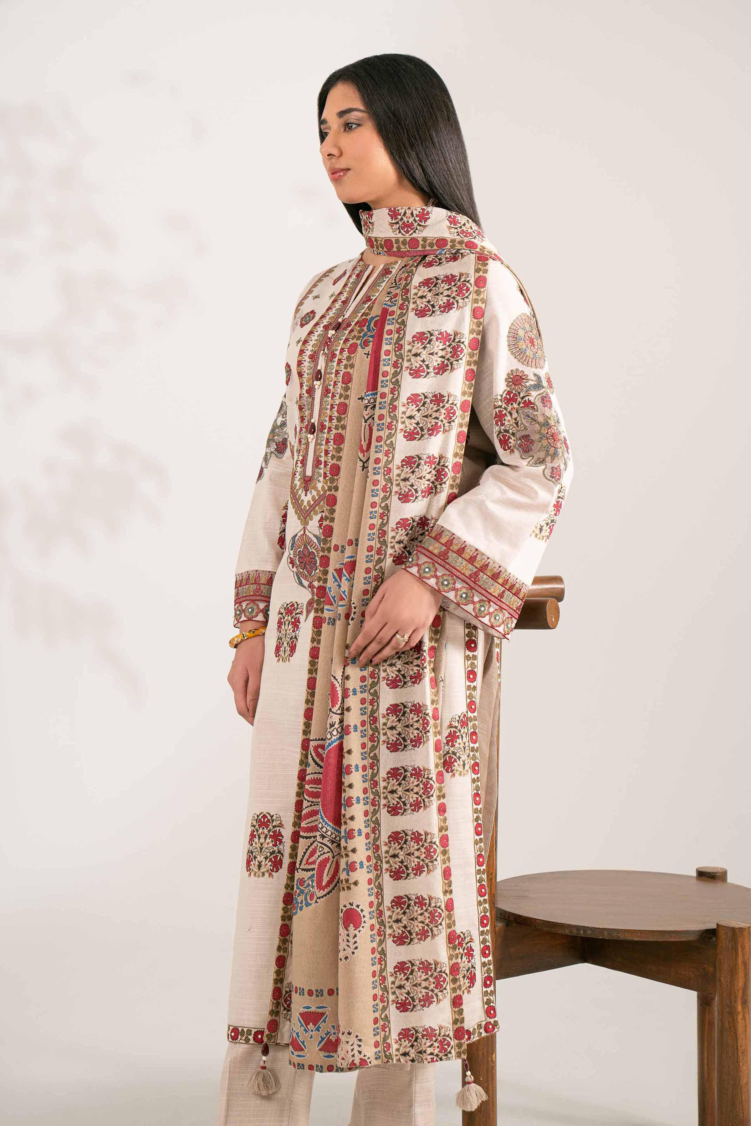 NISHATUAE - Beige Embroidered Khaddar 3-piece Unstitched Suit