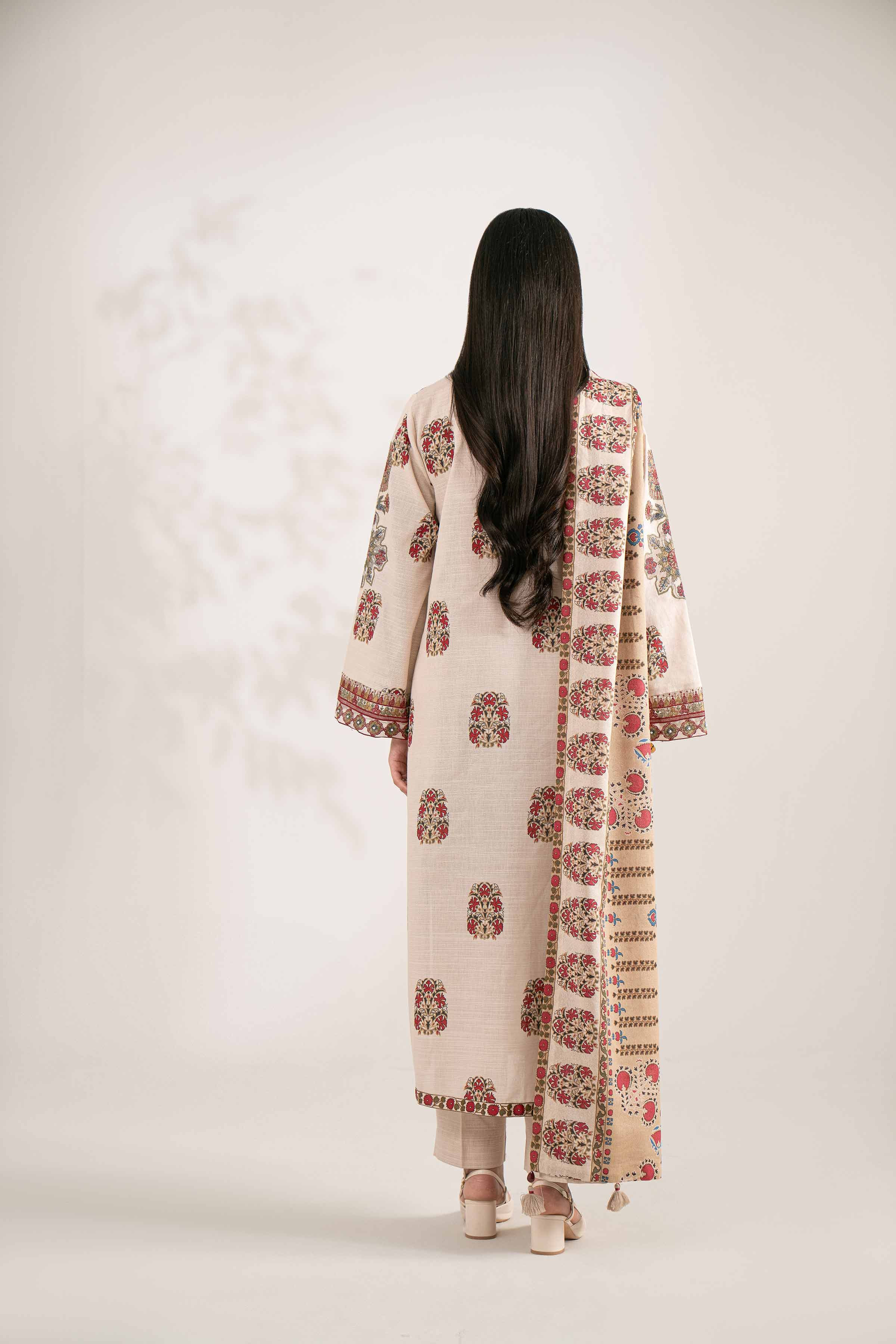 NISHATUAE - Beige Embroidered Khaddar 3-piece Unstitched Suit