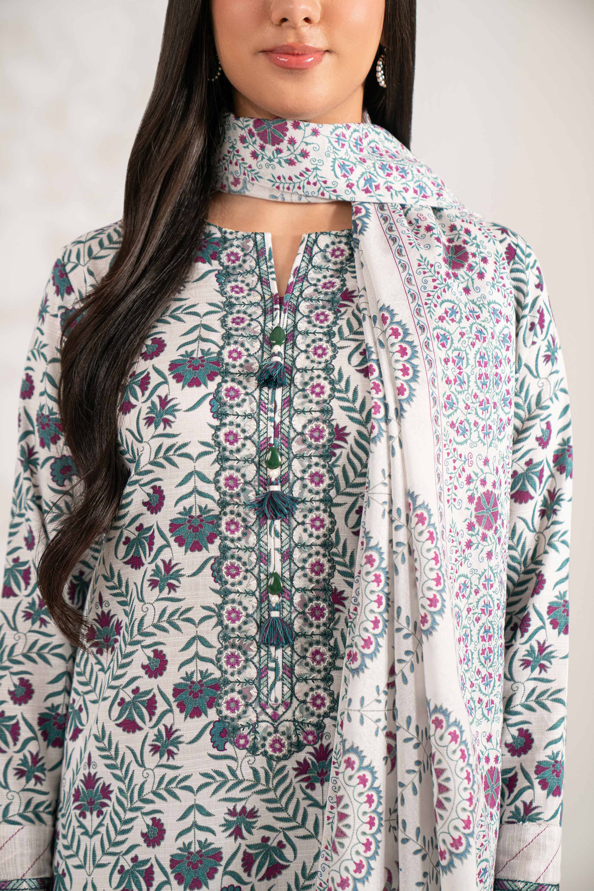 NISHATUAE - White Embroidered Khaddar 3-piece Unstitched Suit