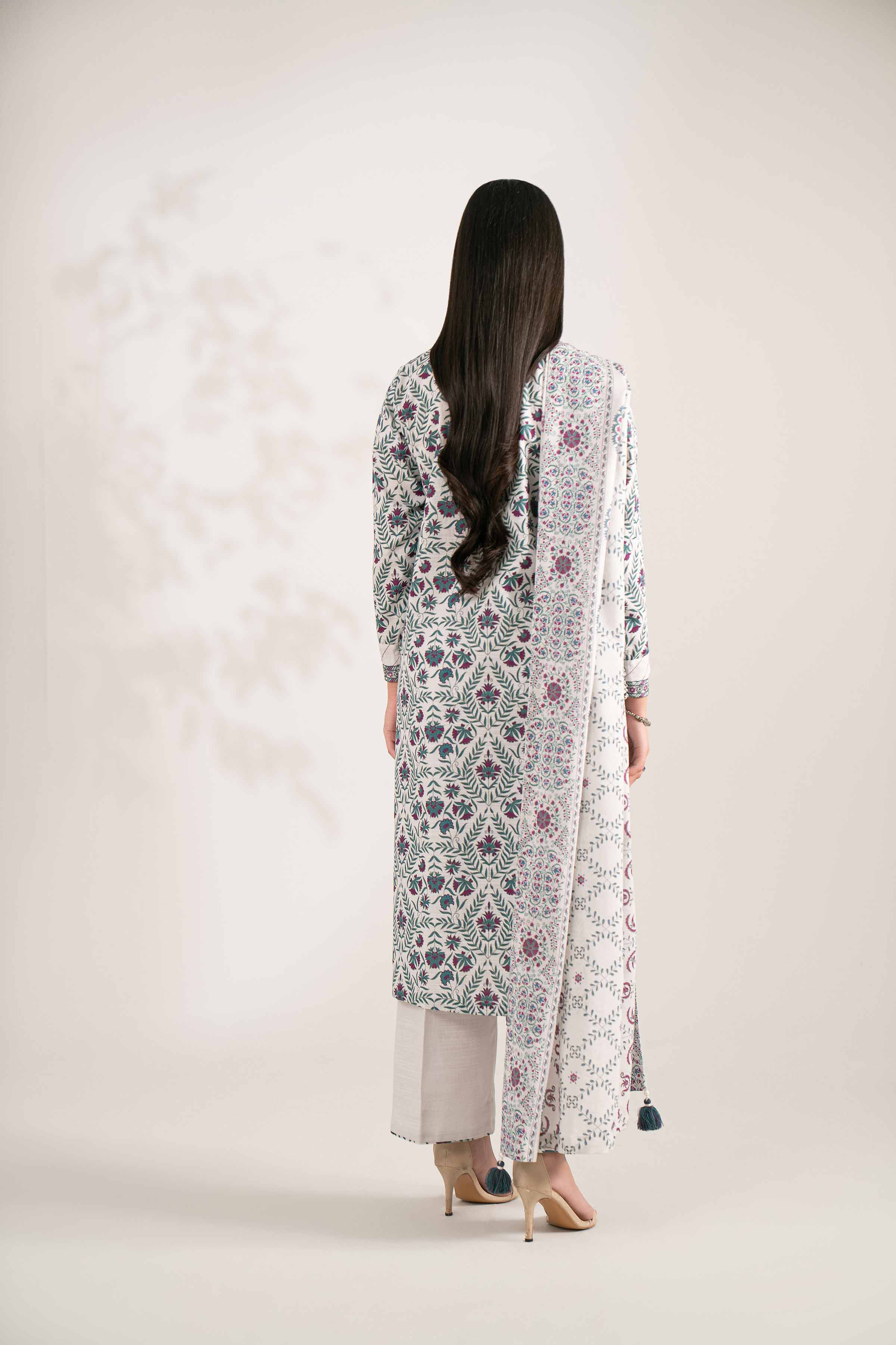 NISHATUAE - White Embroidered Khaddar 3-piece Unstitched Suit