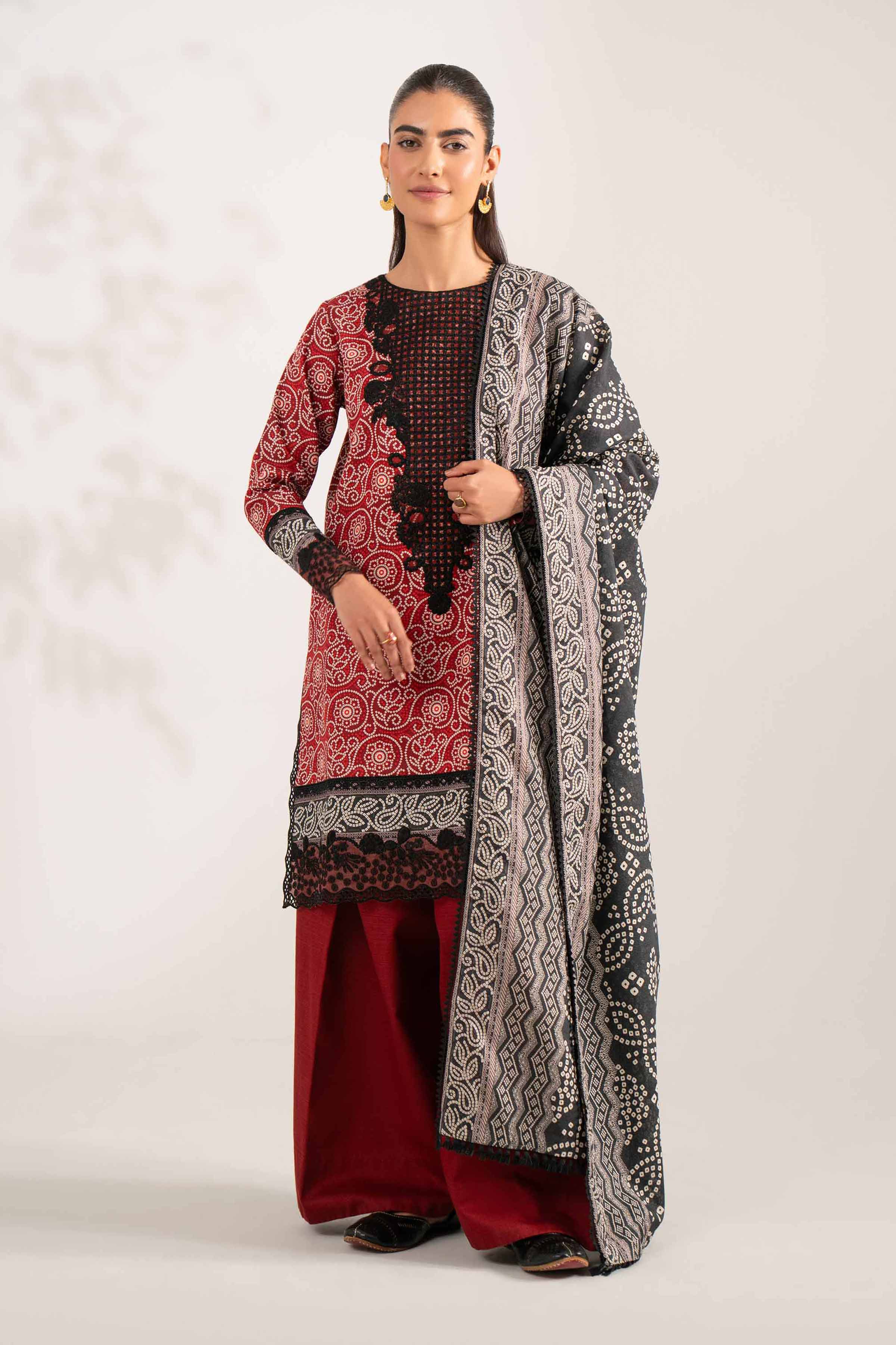 NISHATUAE - Black Embroidered Khaddar 3-piece Unstitched Suit