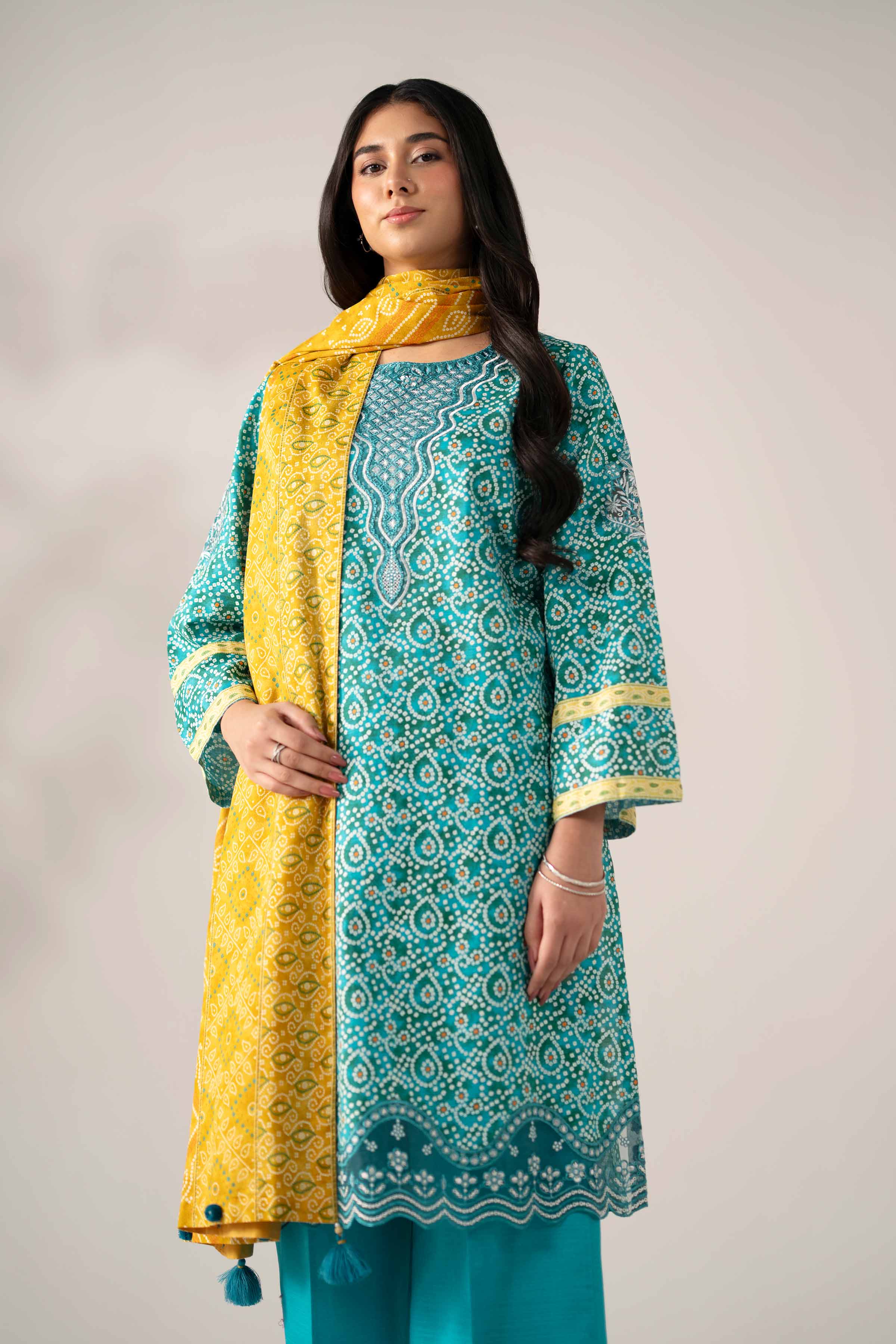 NISHATUAE - Teal Embroidered Khaddar 3-piece Unstitched Suit
