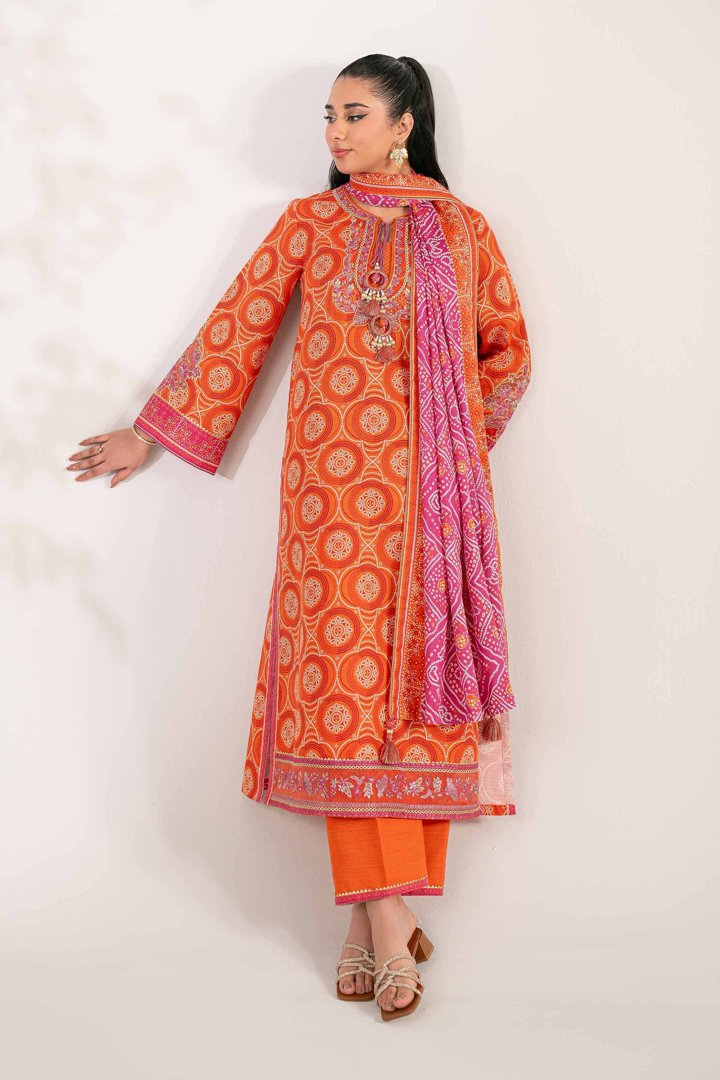 NISHATUAE - Orange Embroidered Khaddar 3-piece Unstitched Suit