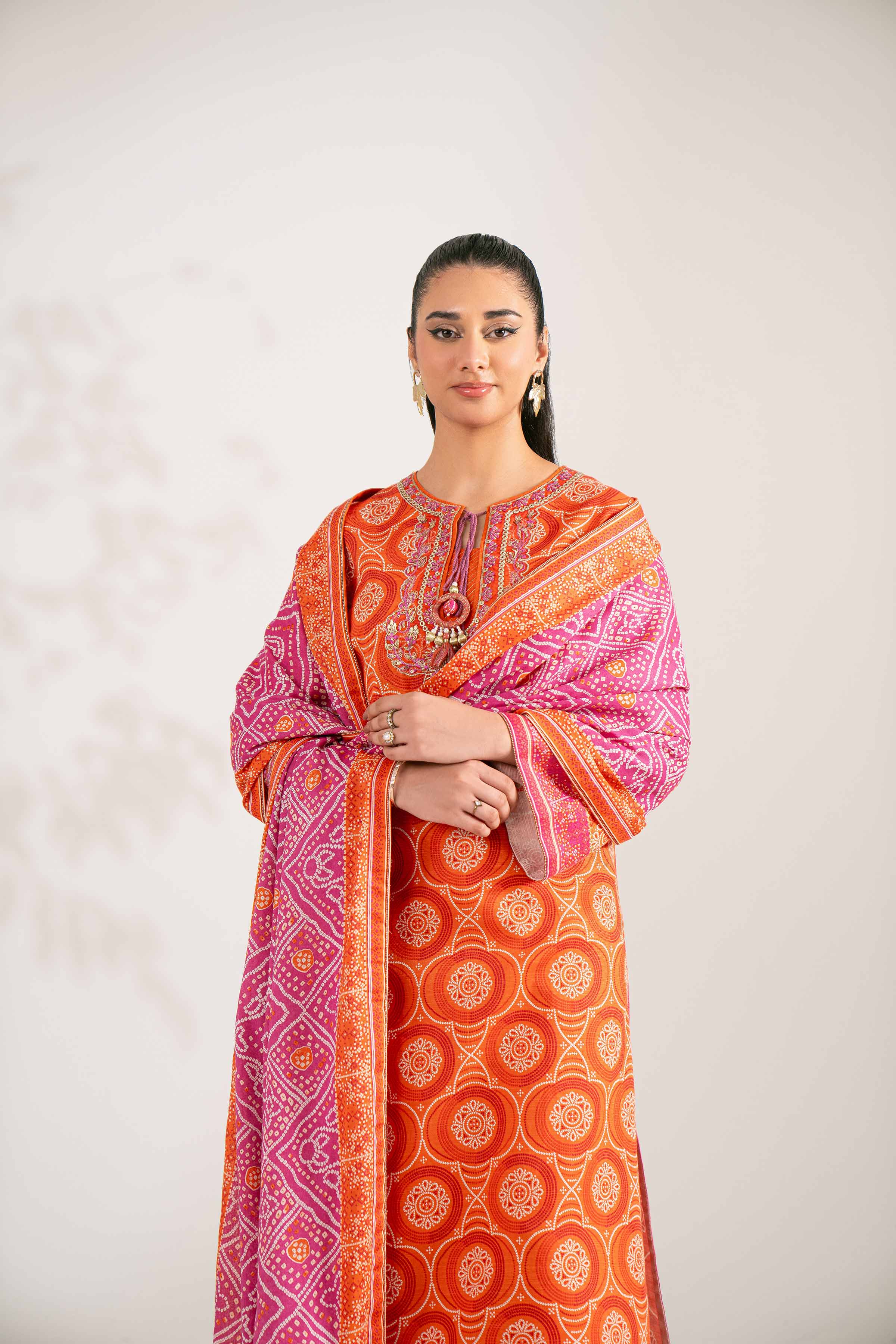 NISHATUAE - Orange Embroidered Khaddar 3-piece Unstitched Suit