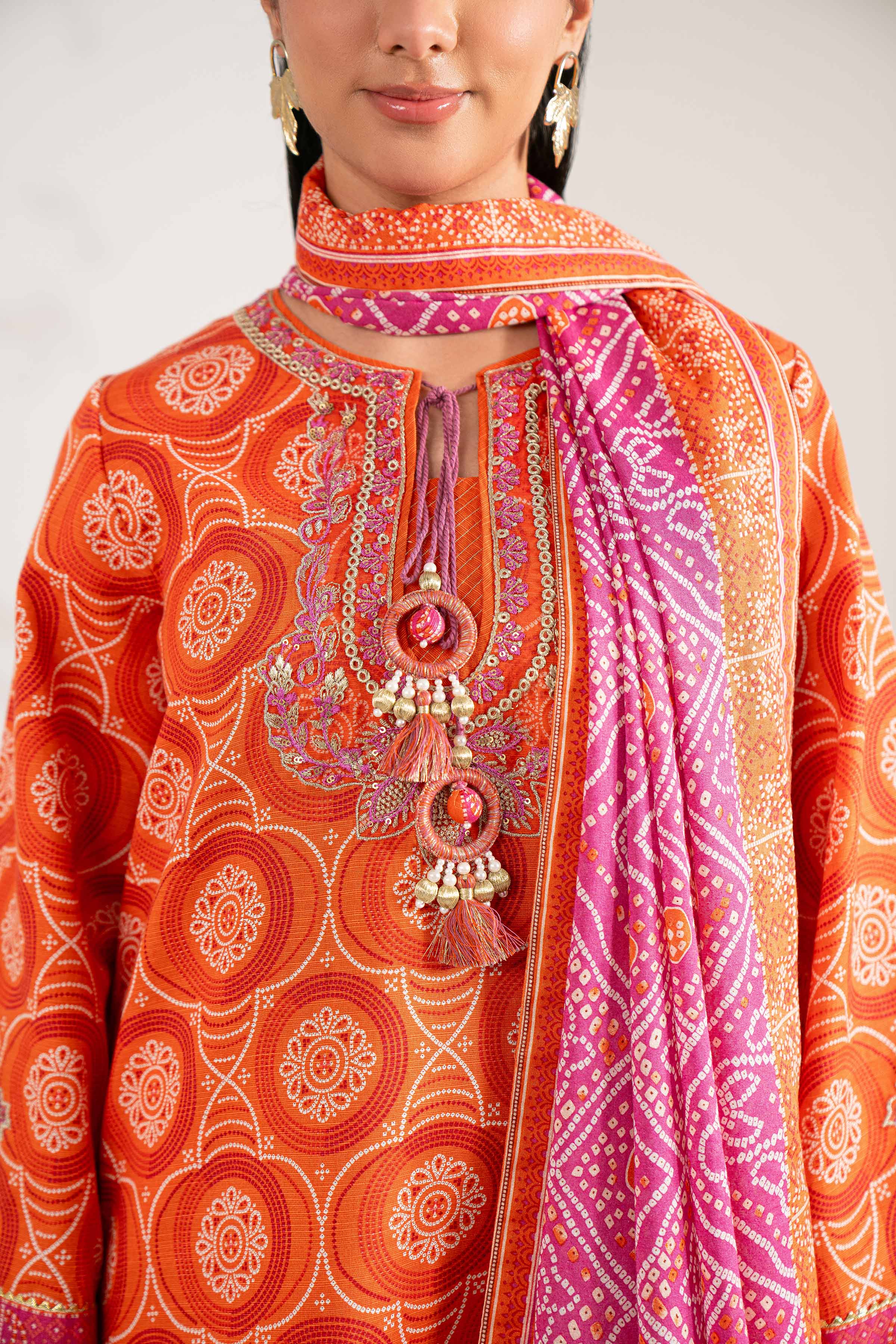 NISHATUAE - Orange Embroidered Khaddar 3-piece Unstitched Suit