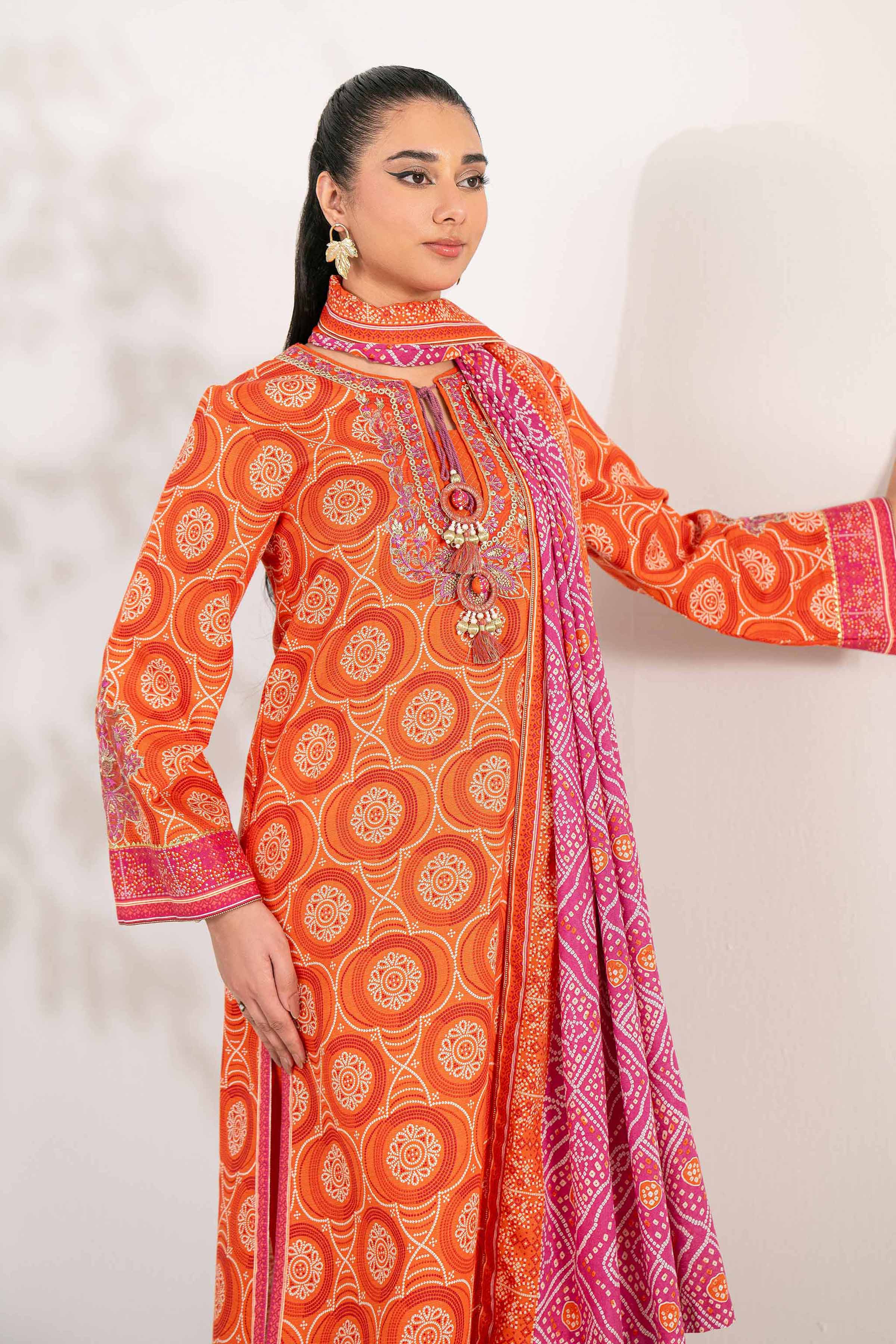 NISHATUAE - Orange Embroidered Khaddar 3-piece Unstitched Suit