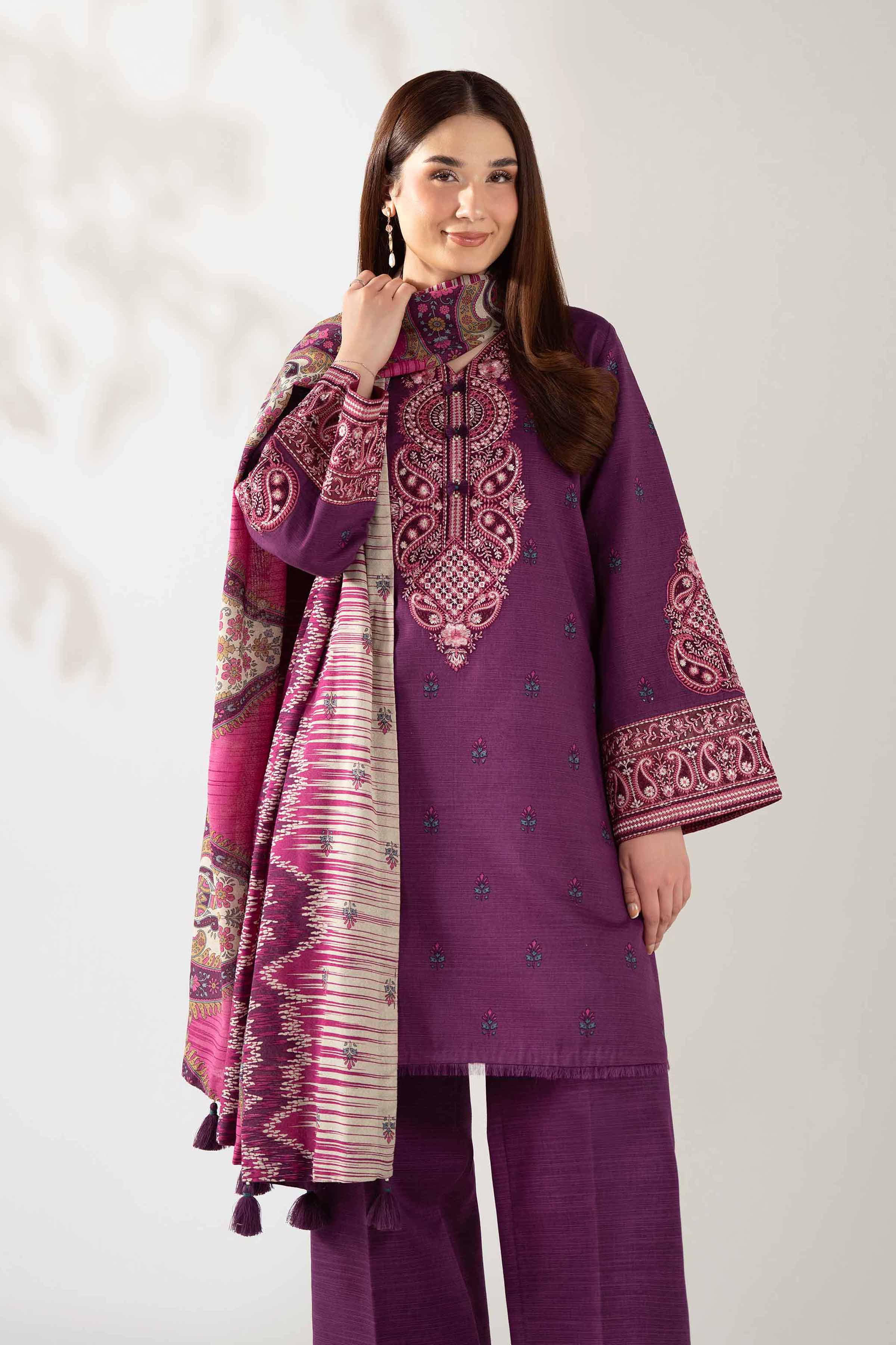 NISHATUAE - Purple Embroidered Khaddar 3-piece Unstitched Suit