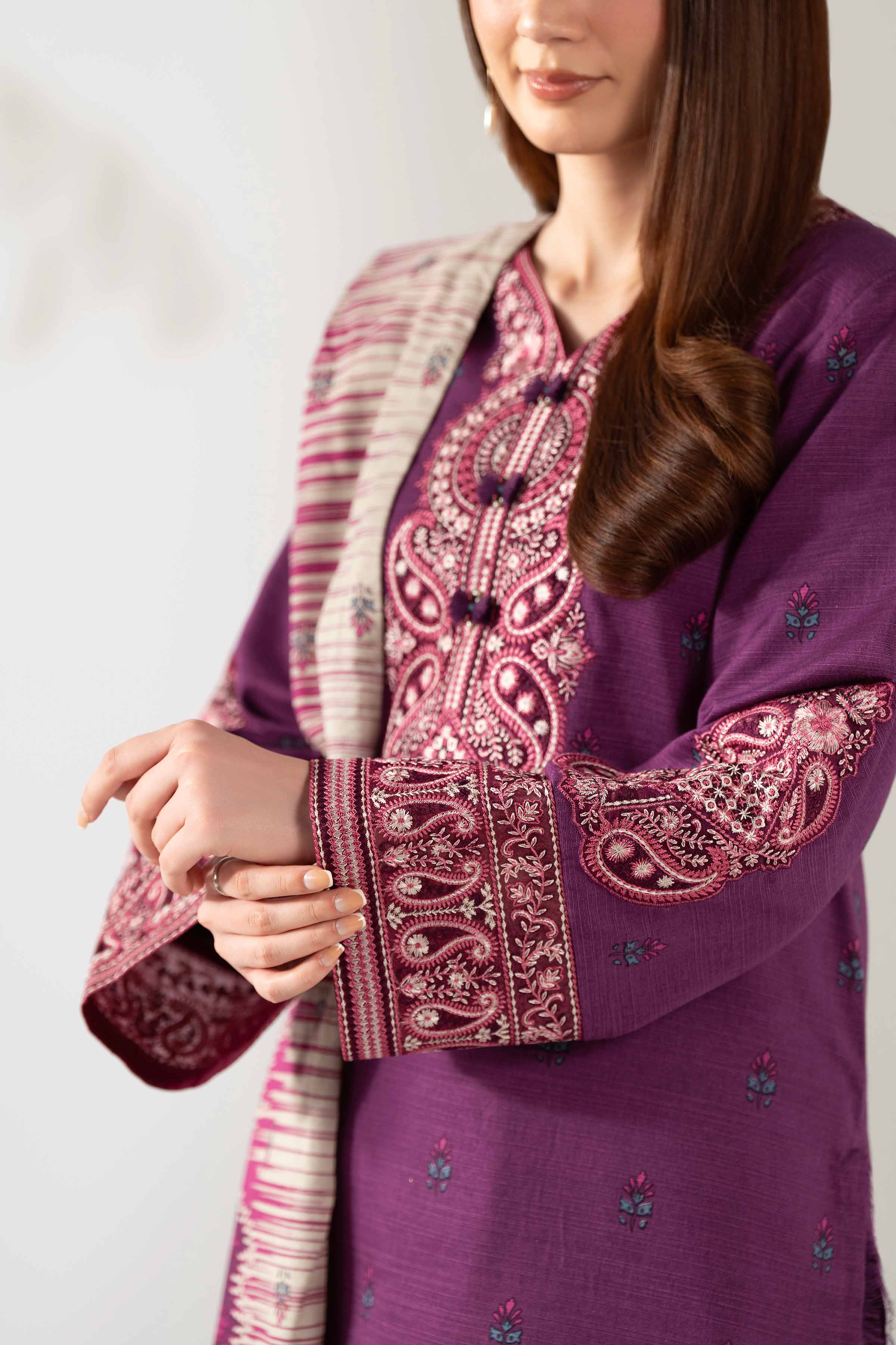 NISHATUAE - Purple Embroidered Khaddar 3-piece Unstitched Suit
