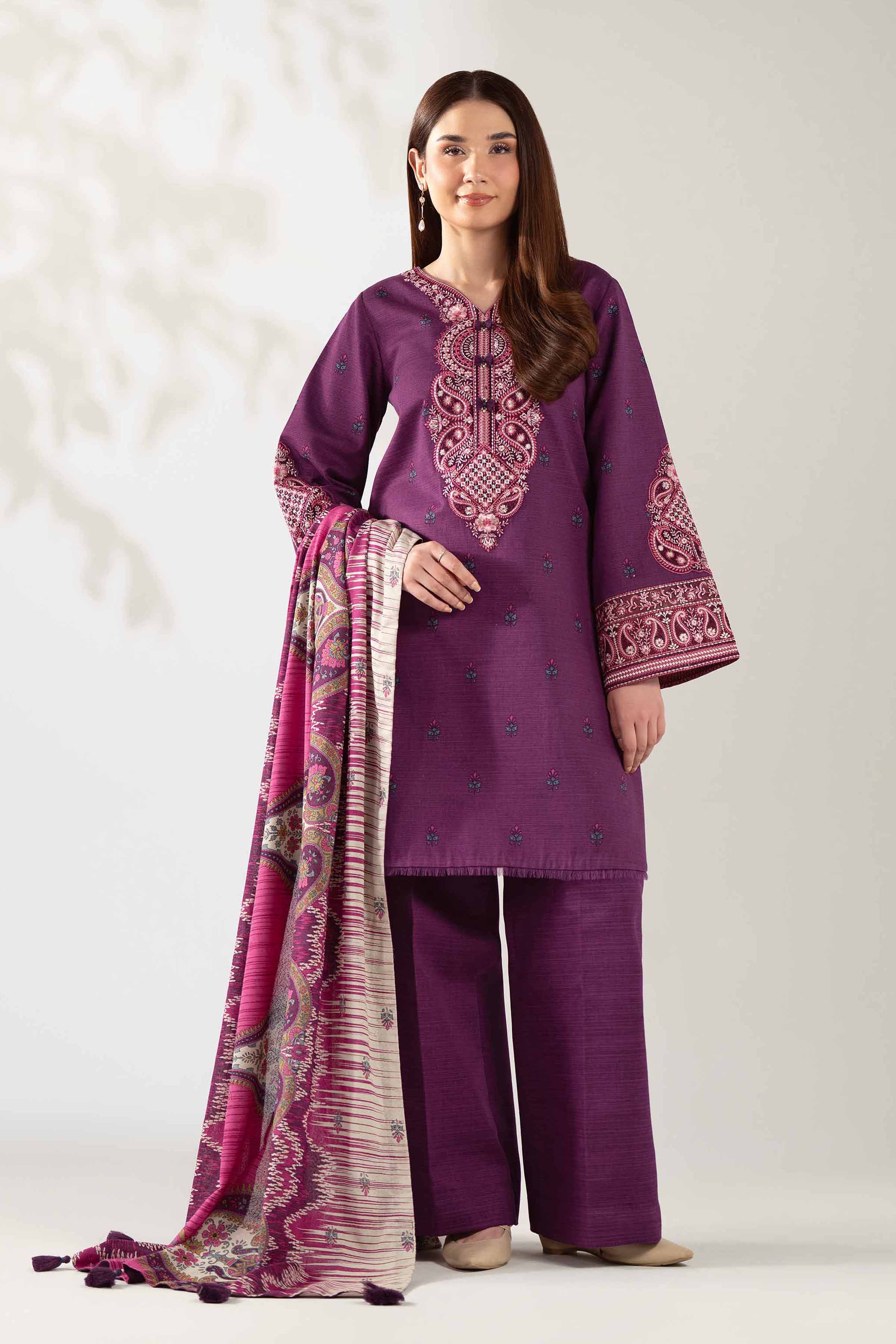 NISHATUAE - Purple Embroidered Khaddar 3-piece Unstitched Suit
