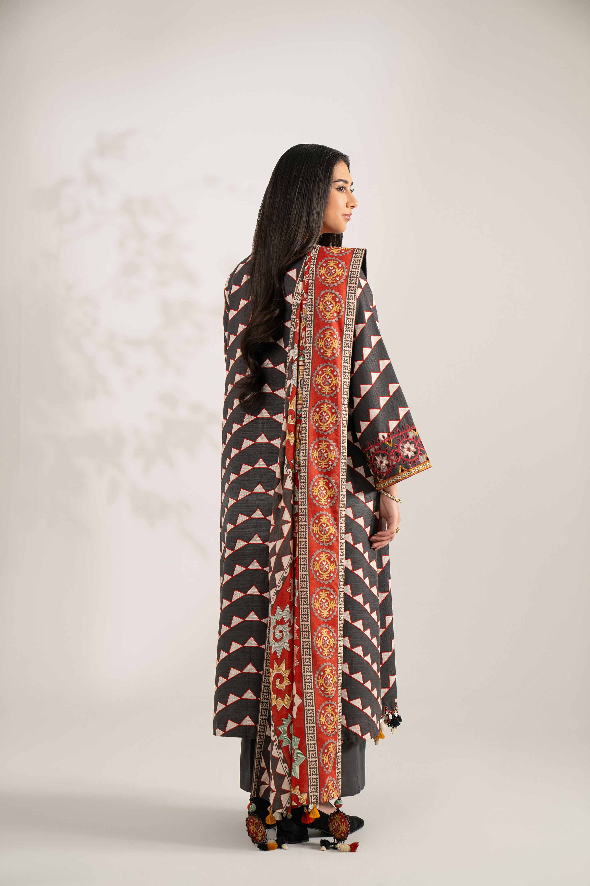 NISHATUAE - Black Embroidered Khaddar 3-piece Unstitched Suit