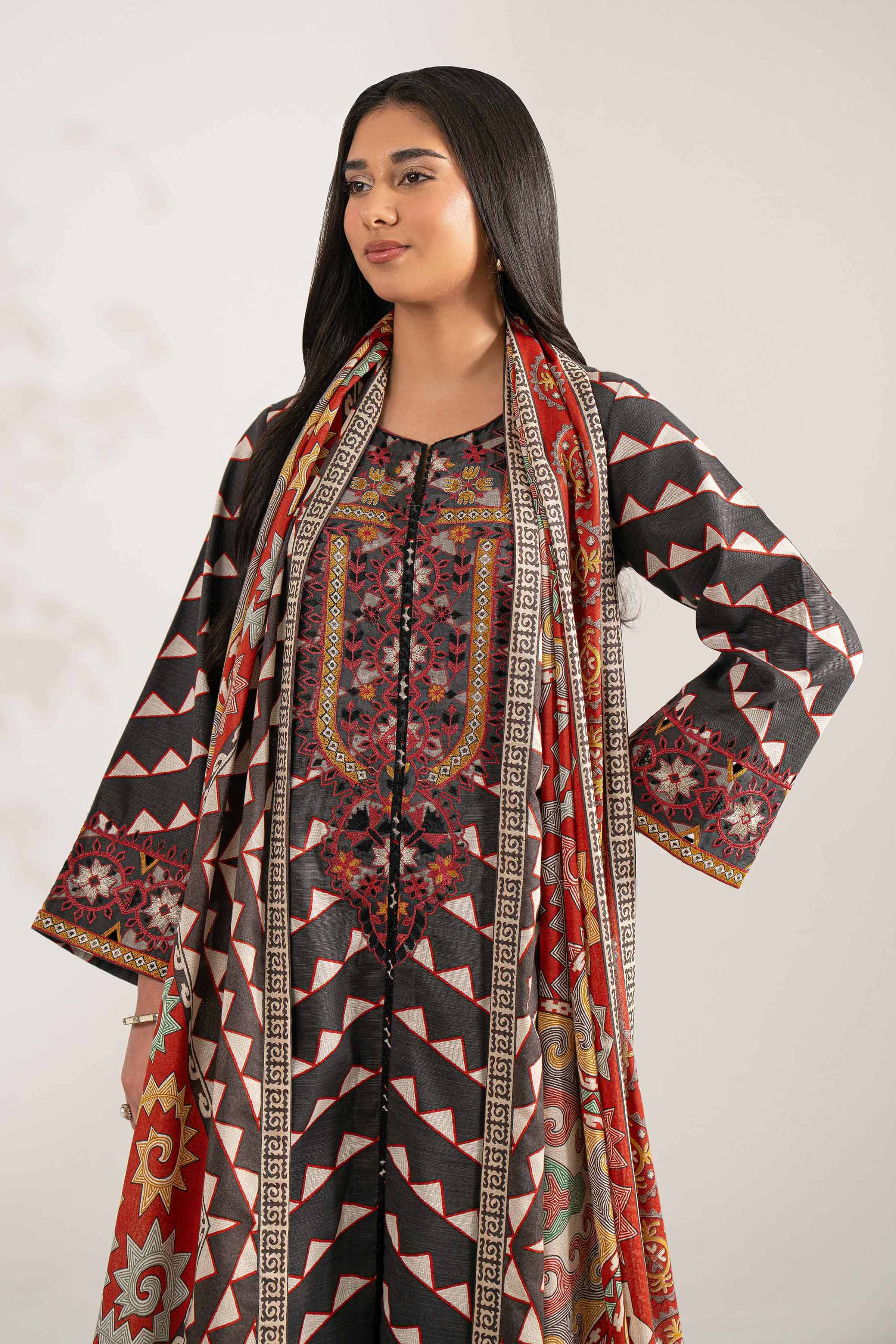 NISHATUAE - Black Embroidered Khaddar 3-piece Unstitched Suit