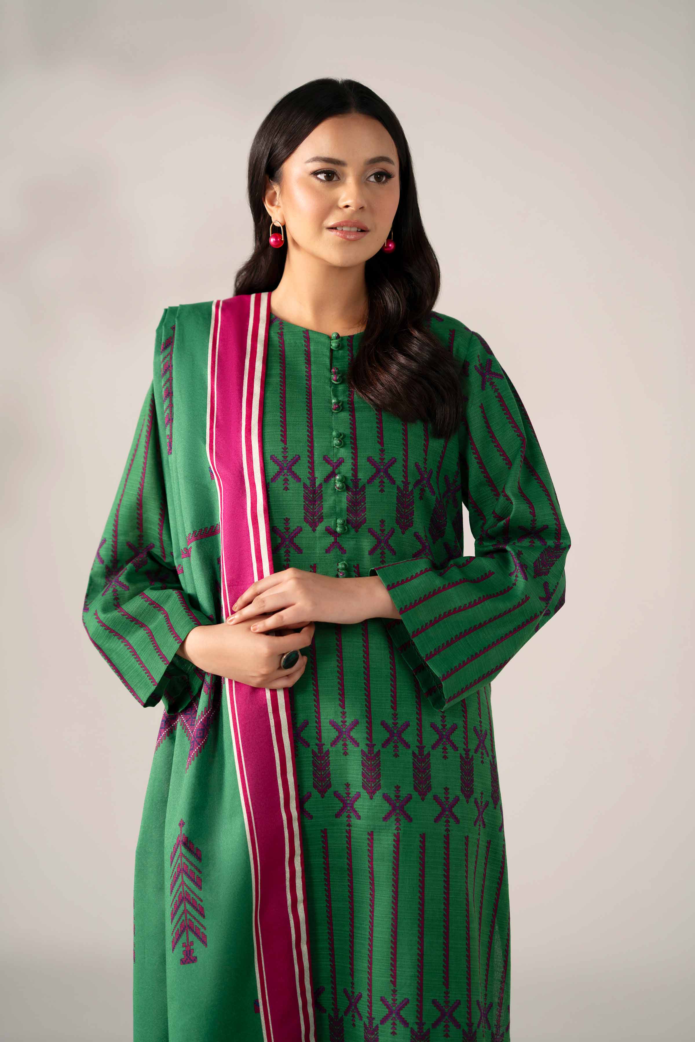 NISHATUAE - Green Printed Khaddar 3-piece Unstitched Suit