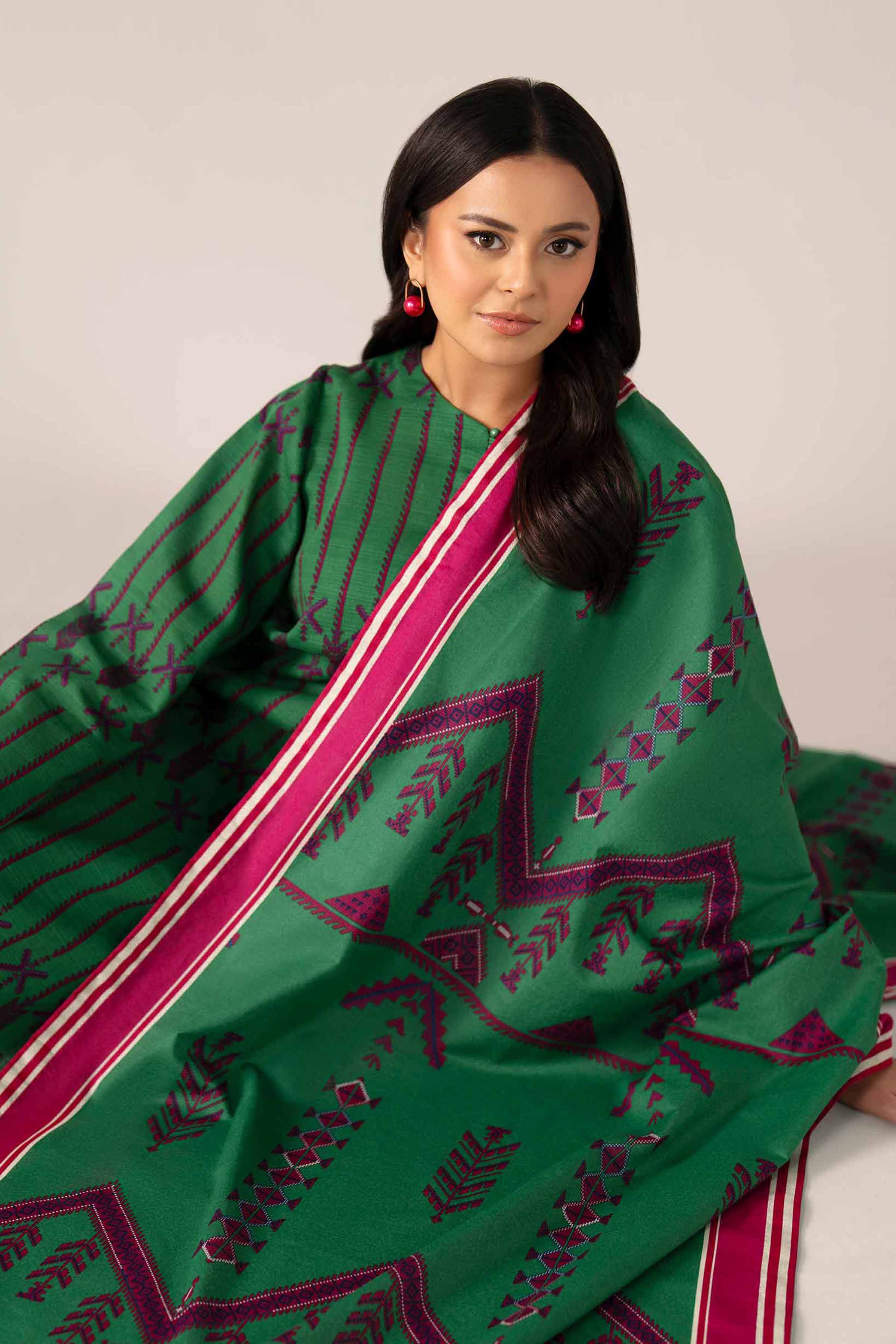 NISHATUAE - Green Printed Khaddar 3-piece Unstitched Suit