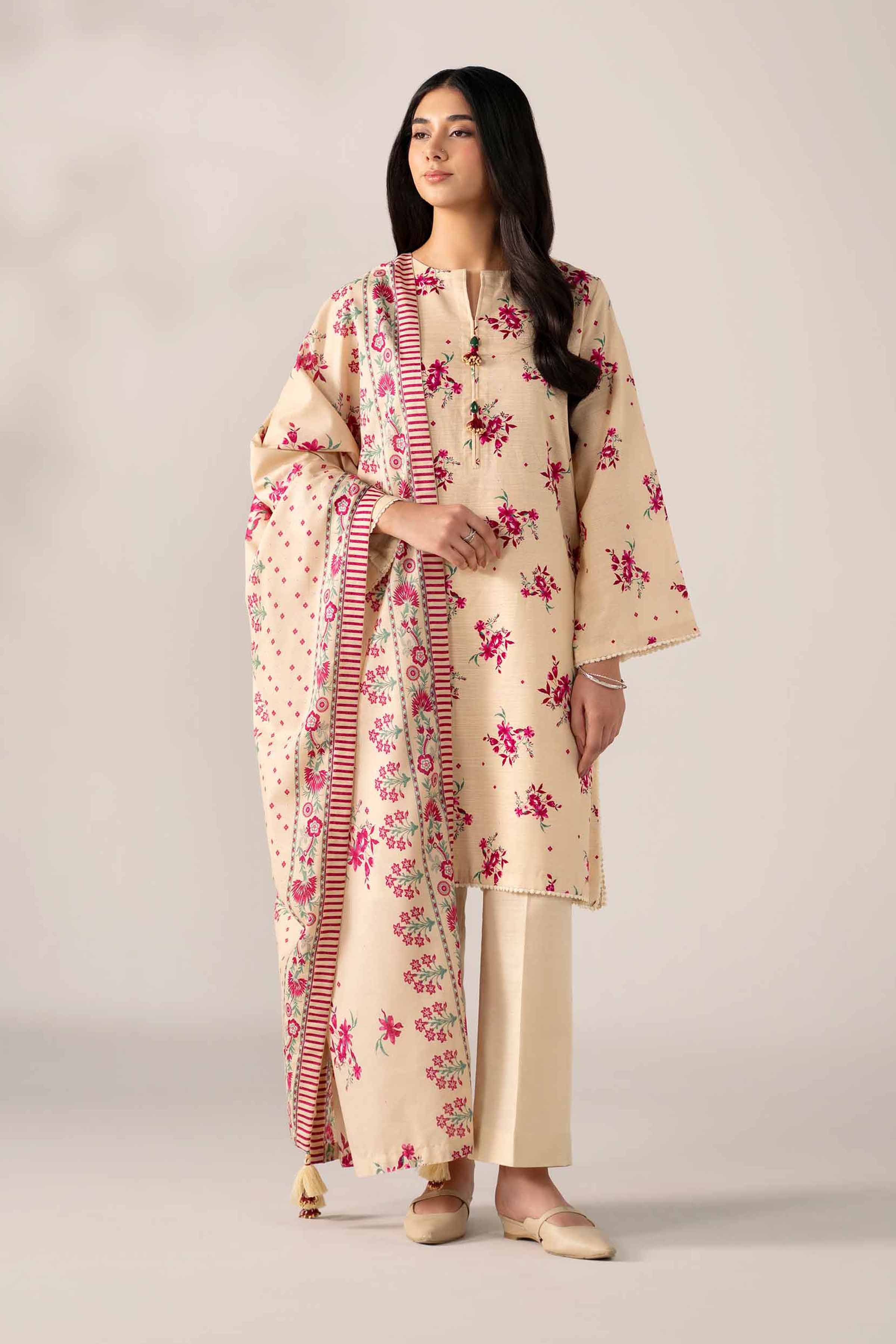 NISHATUAE - Beige Printed Khaddar 3-piece Unstitched Suit