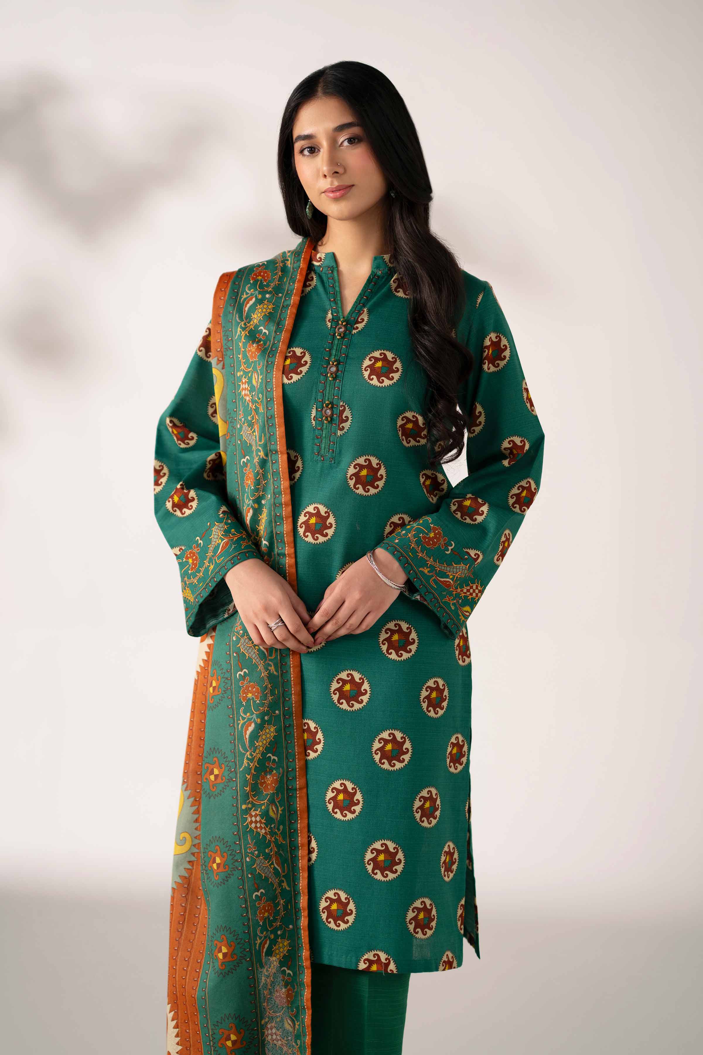 NISHATUAE - Green Printed Khaddar 3-piece Unstitched Suit