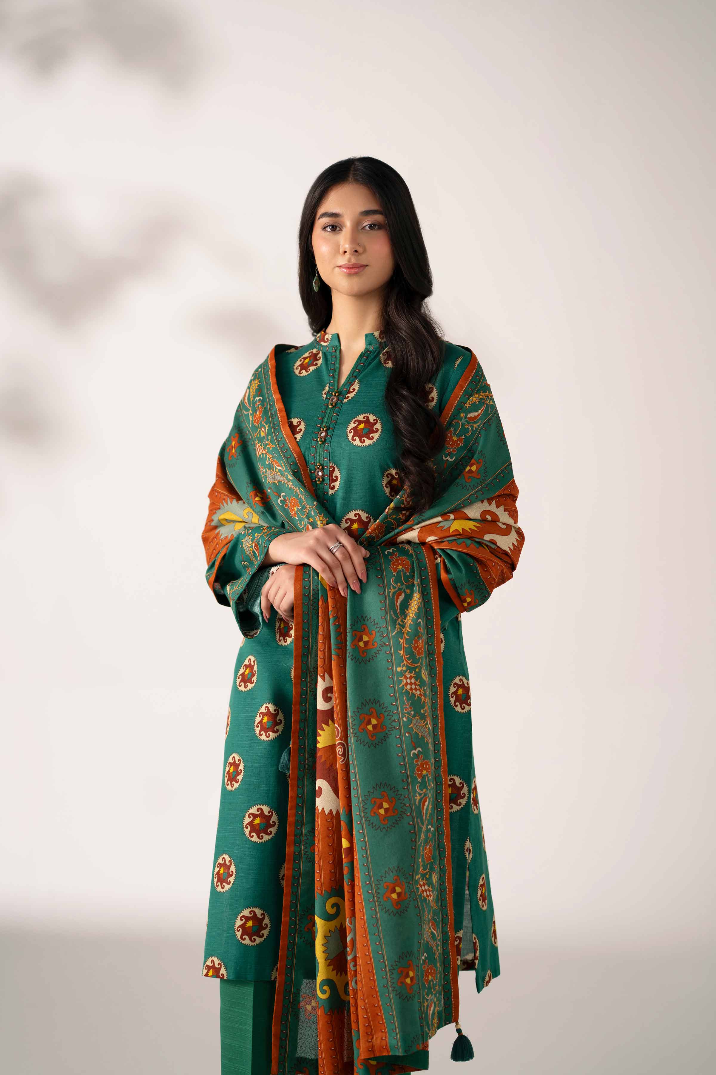 NISHATUAE - Green Printed Khaddar 3-piece Unstitched Suit