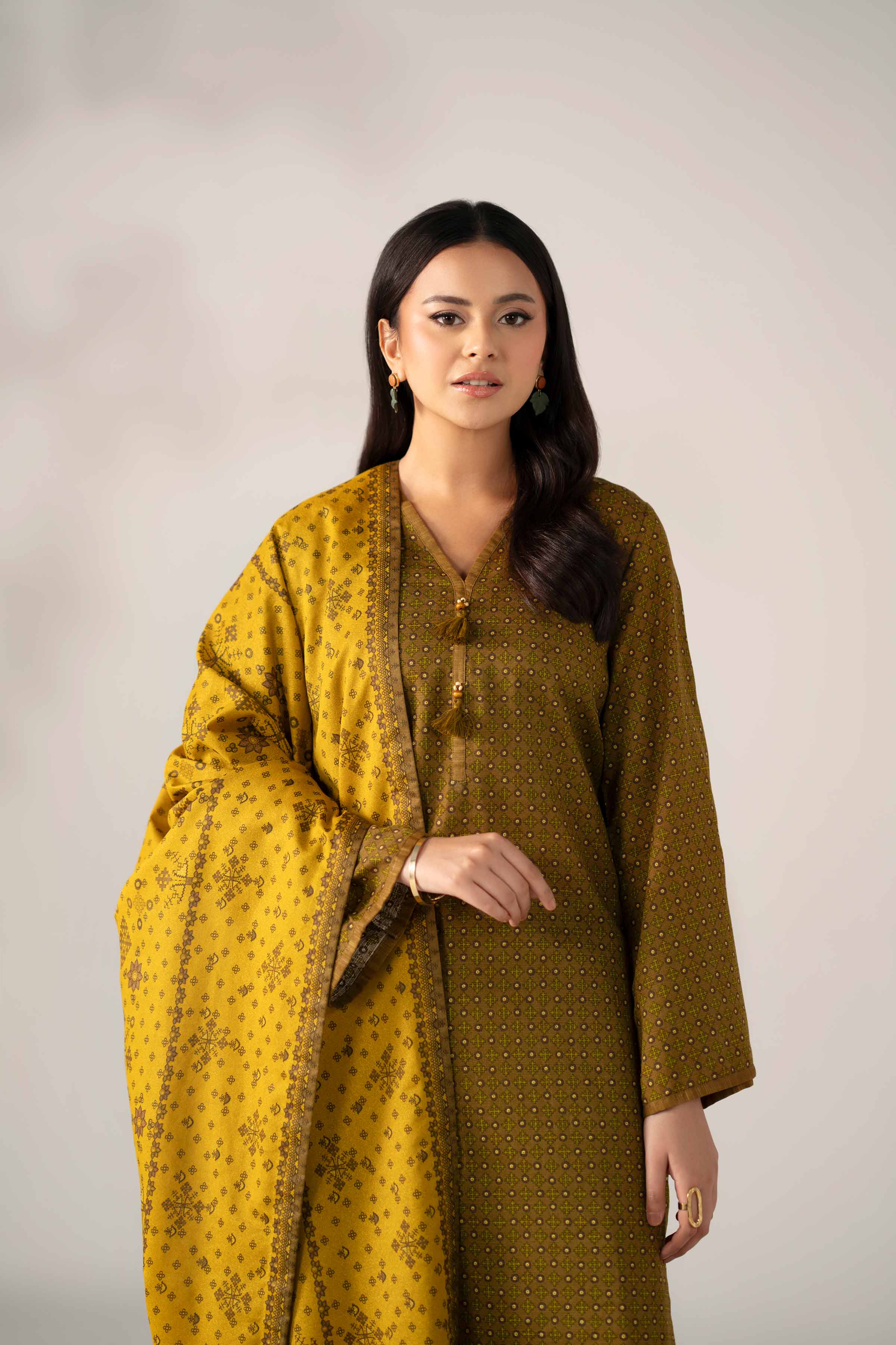 NISHATUAE - Olive Printed Khaddar 3-piece Unstitched Suit