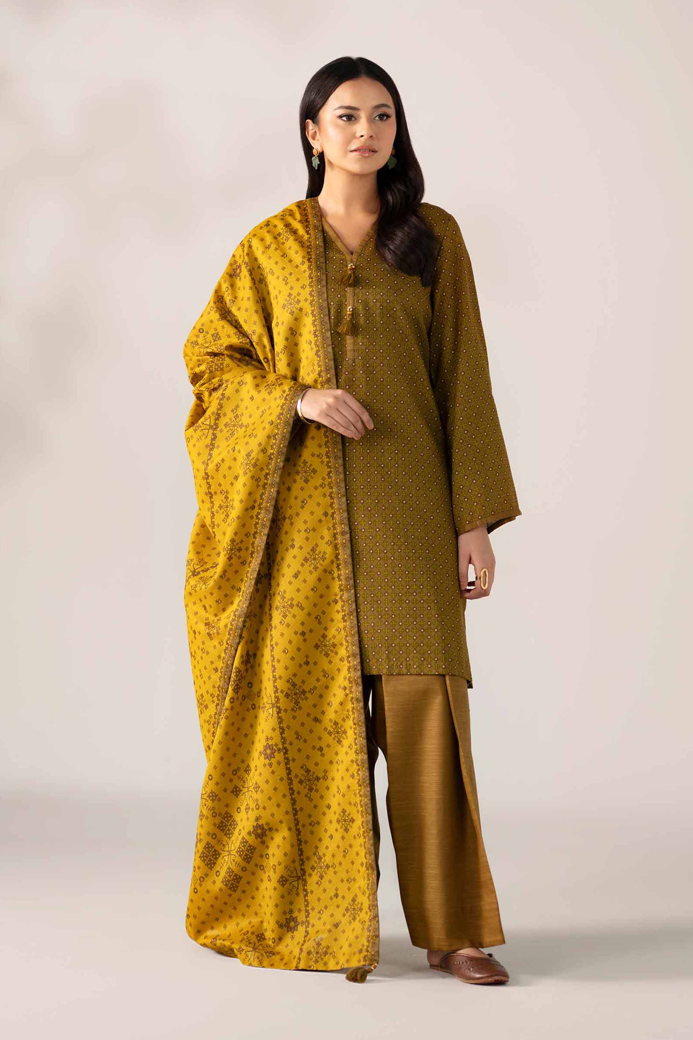 NISHATUAE - Olive Printed Khaddar 3-piece Unstitched Suit