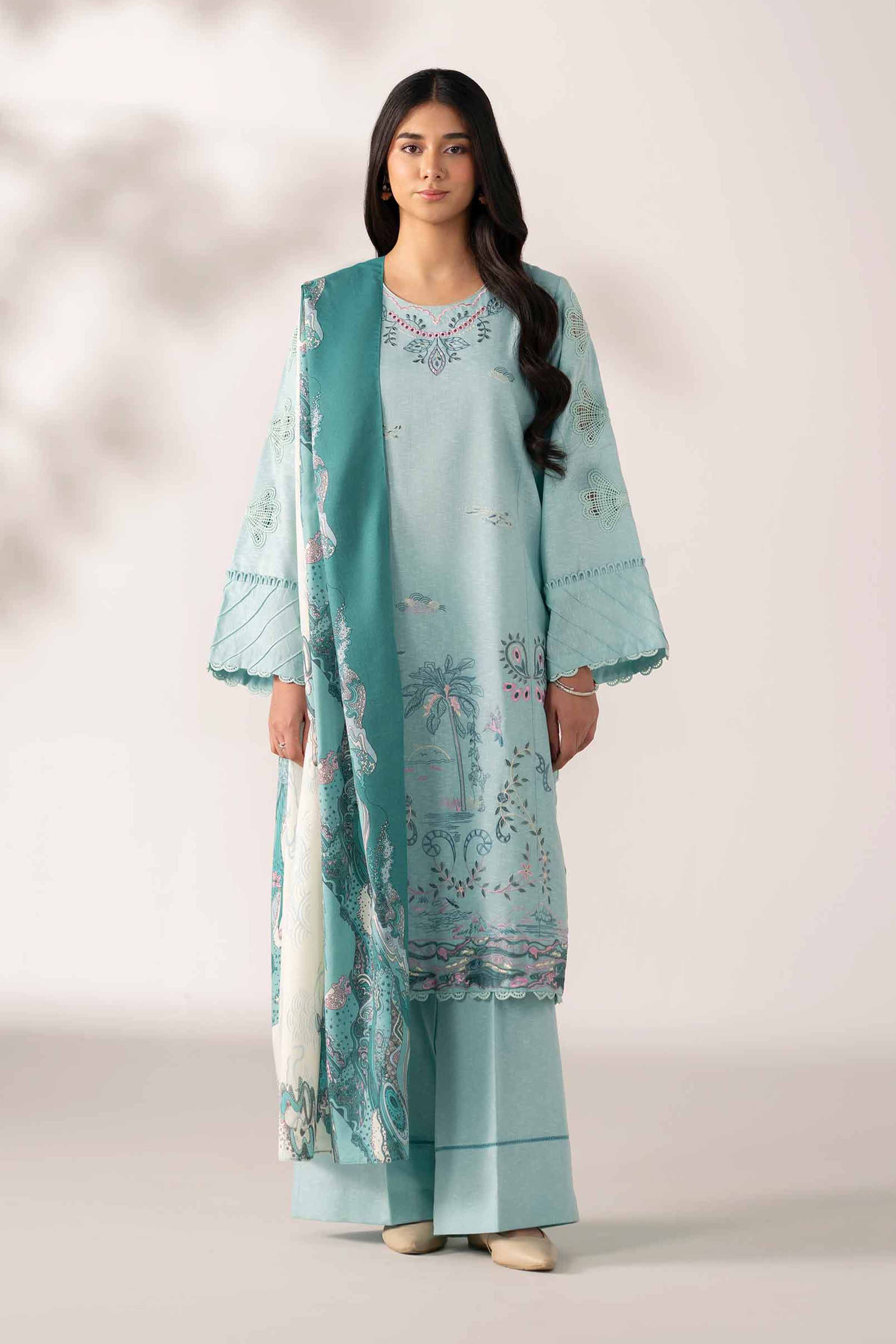 NISHATUAE - Green Embroidered Karandi 3-piece Unstitched Suit