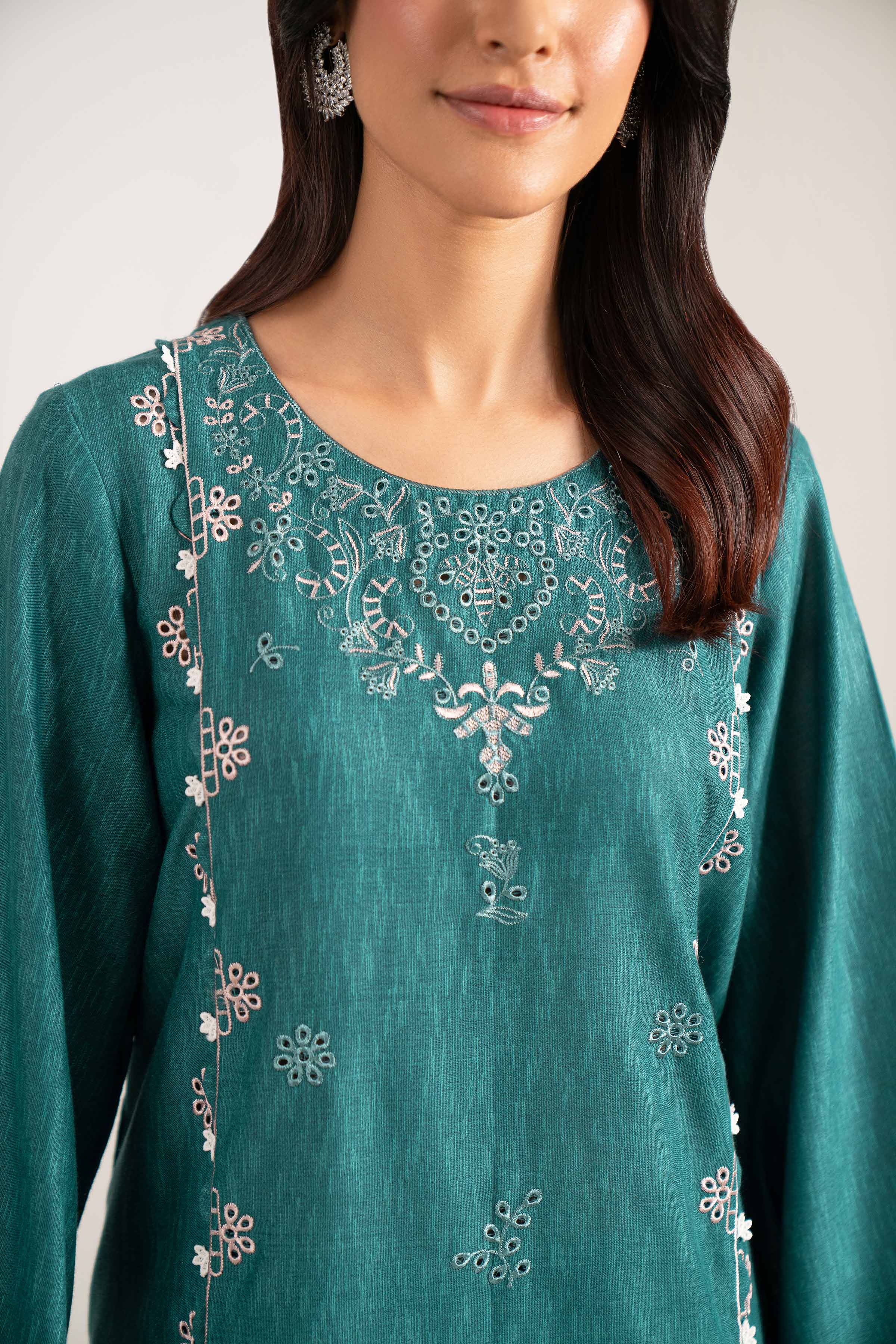 NISHATUAE - Teal Embroidered Karandi 3-piece Unstitched Suit