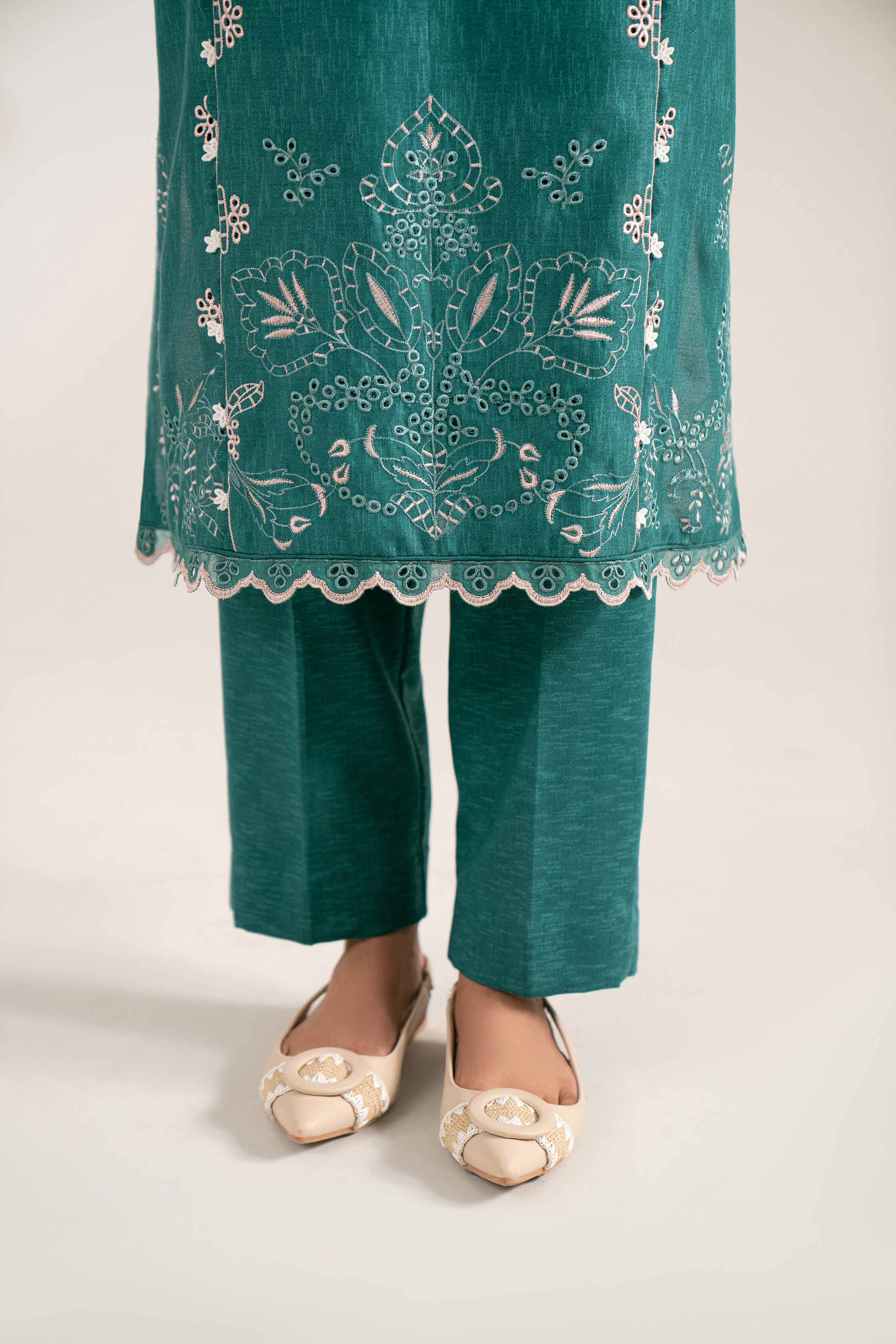 NISHATUAE - Teal Embroidered Karandi 3-piece Unstitched Suit