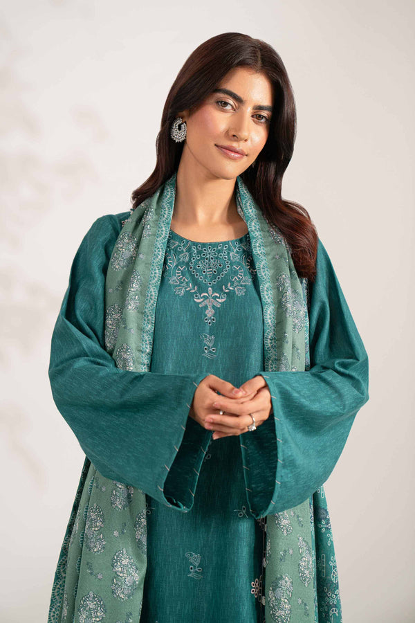 NISHATUAE - Teal Embroidered Karandi 3-piece Unstitched Suit